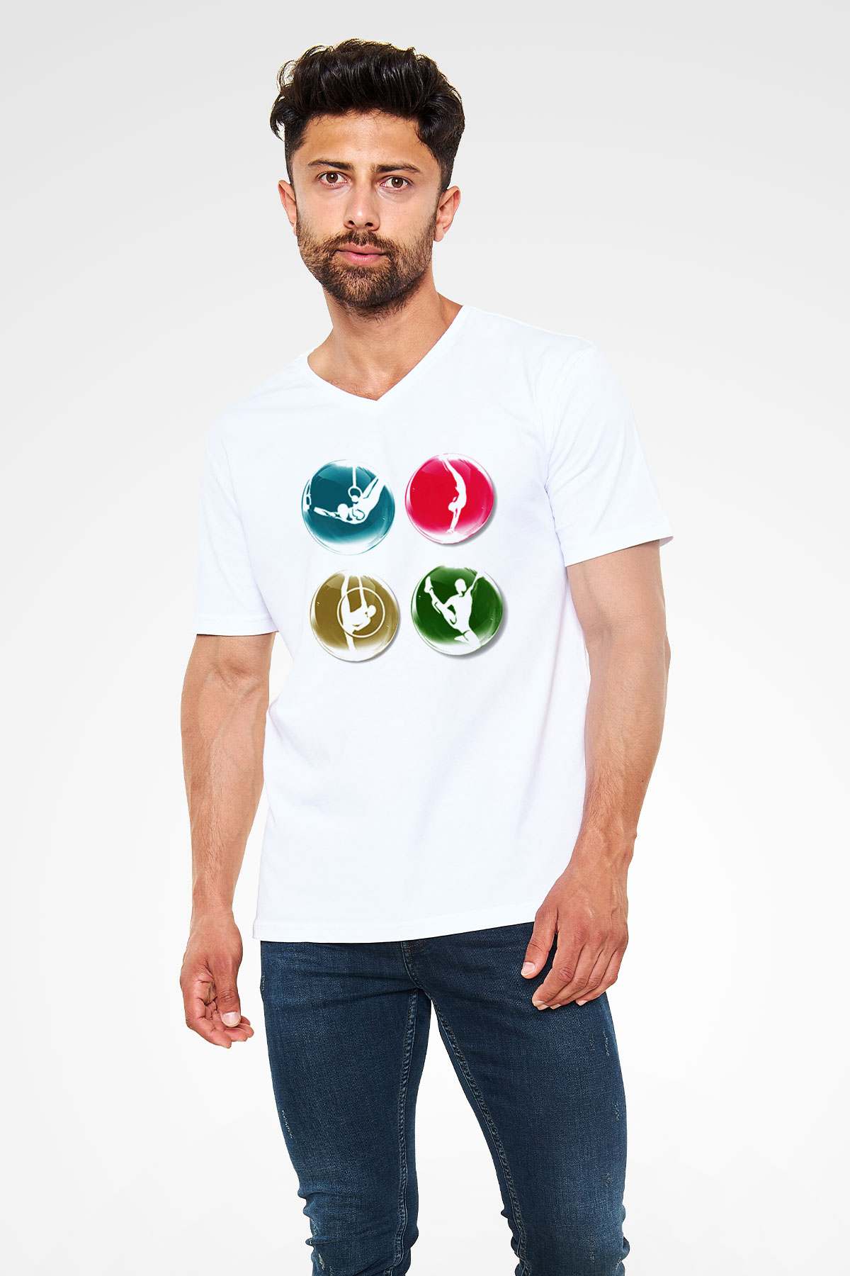Jimnastikçi Beyaz Unisex V Yaka Tişört T-Shirt