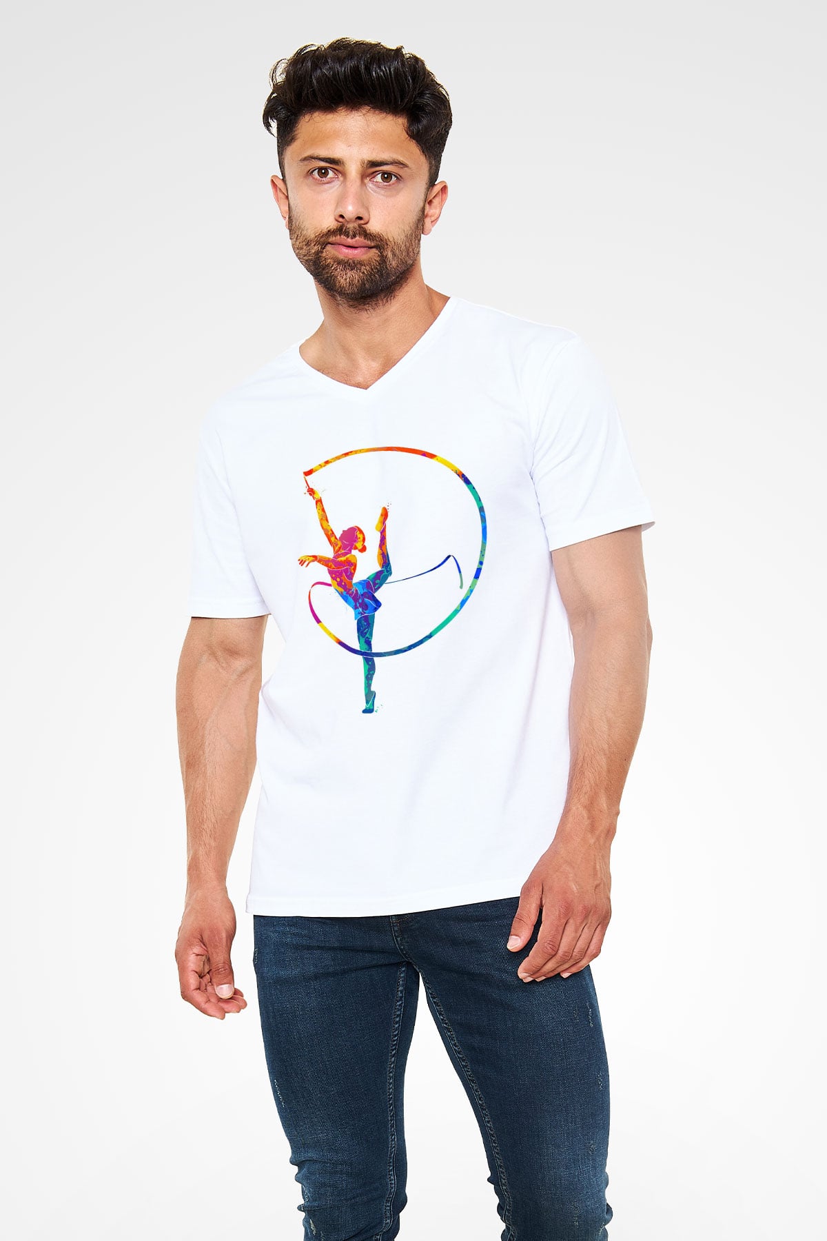 Jimnastikçi Beyaz Unisex V Yaka Tişört