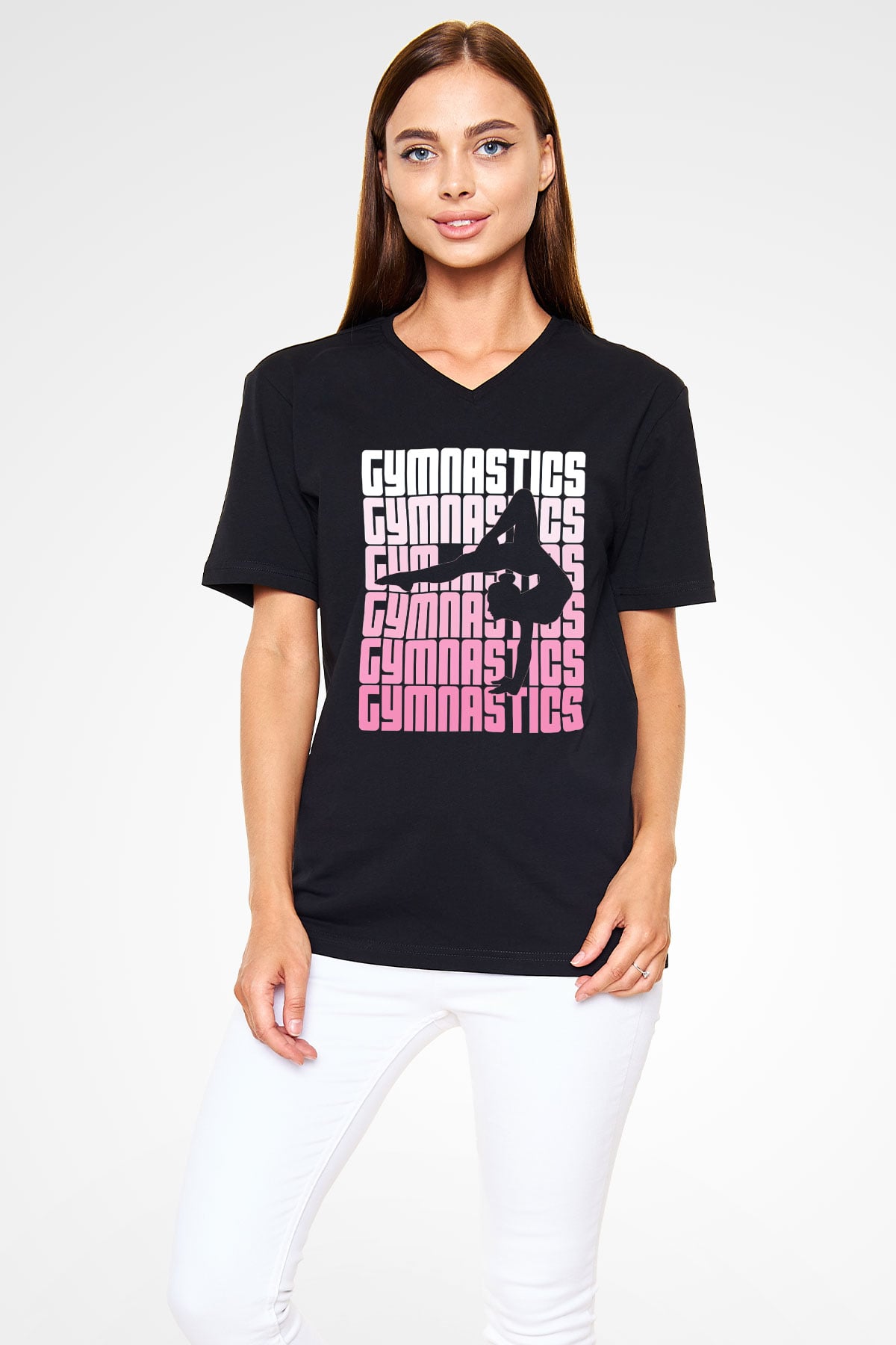 Jimnastikçi Siyah Unisex V Yaka Tişört