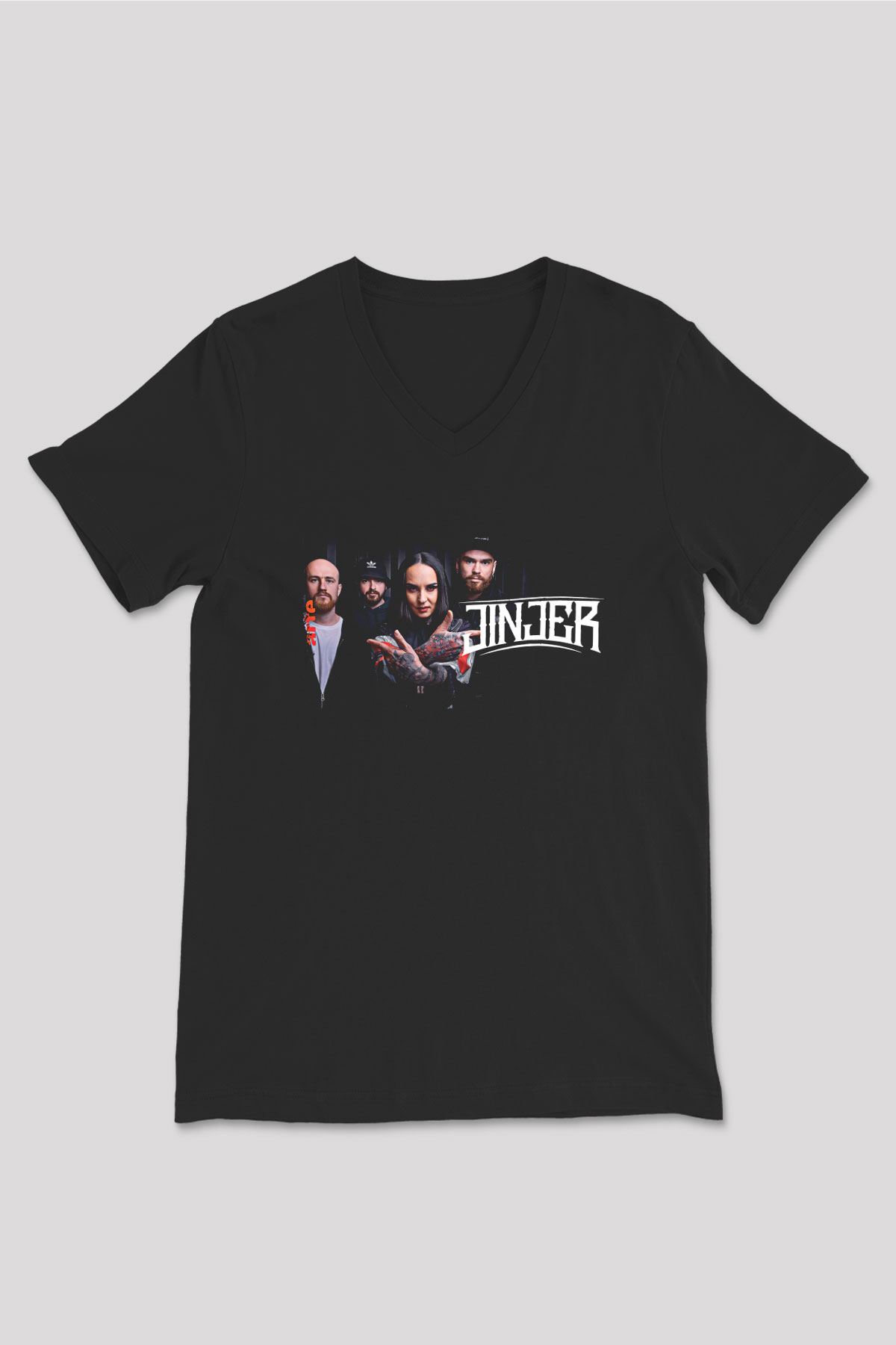 Jinjer Baskılı Unisex Siyah V Yaka Tişört - Tshirt