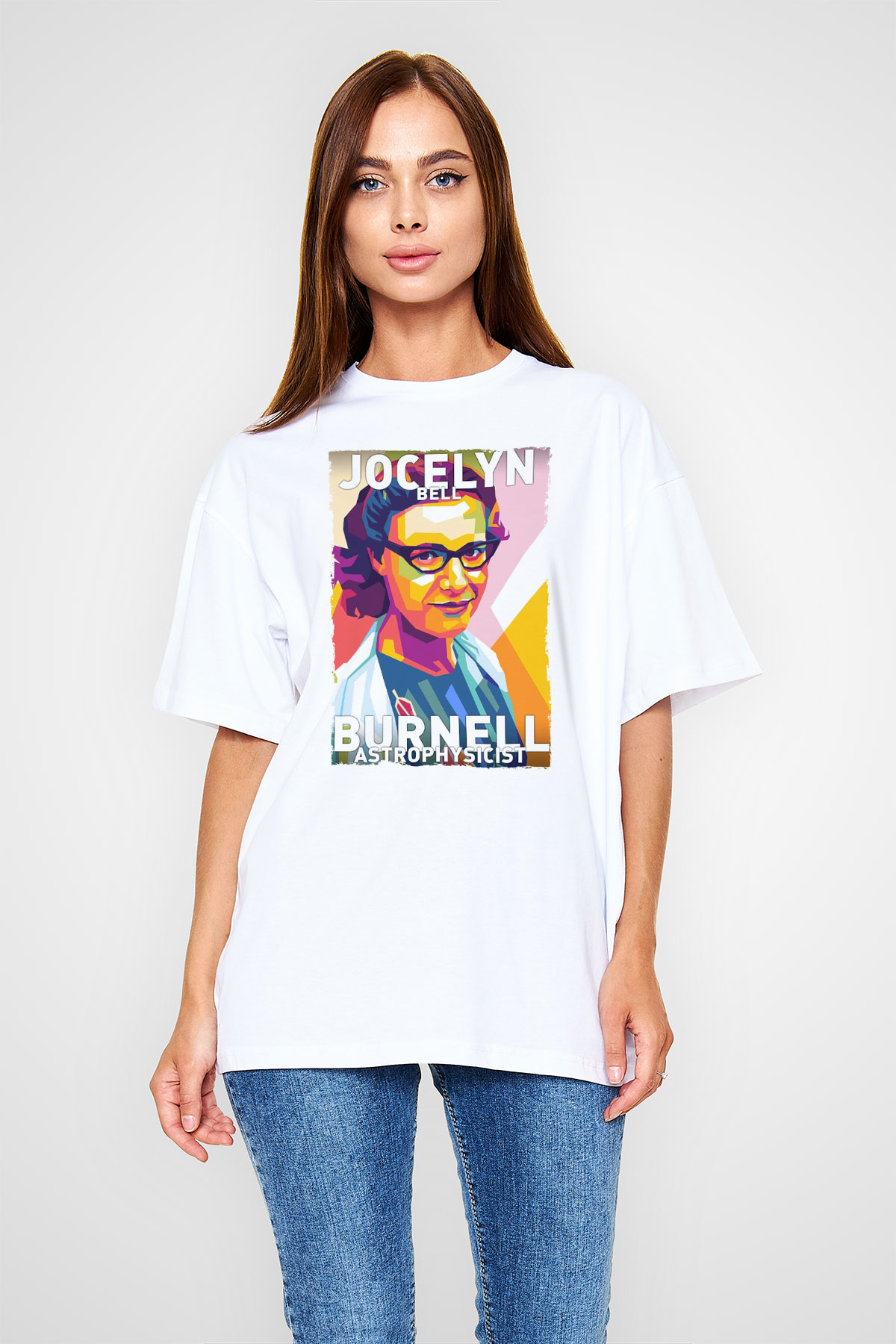 Jocelyn Bell Burnell Baskılı Unisex Oversize Beyaz Tişört - Tshirt