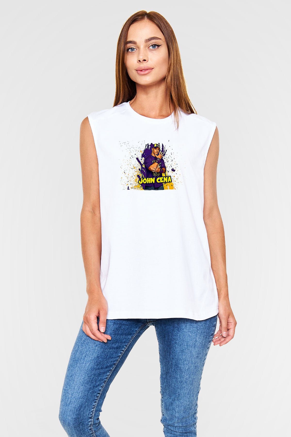 John Cena Baskılı Beyaz Unisex Kolsuz Tişört - Tshirt