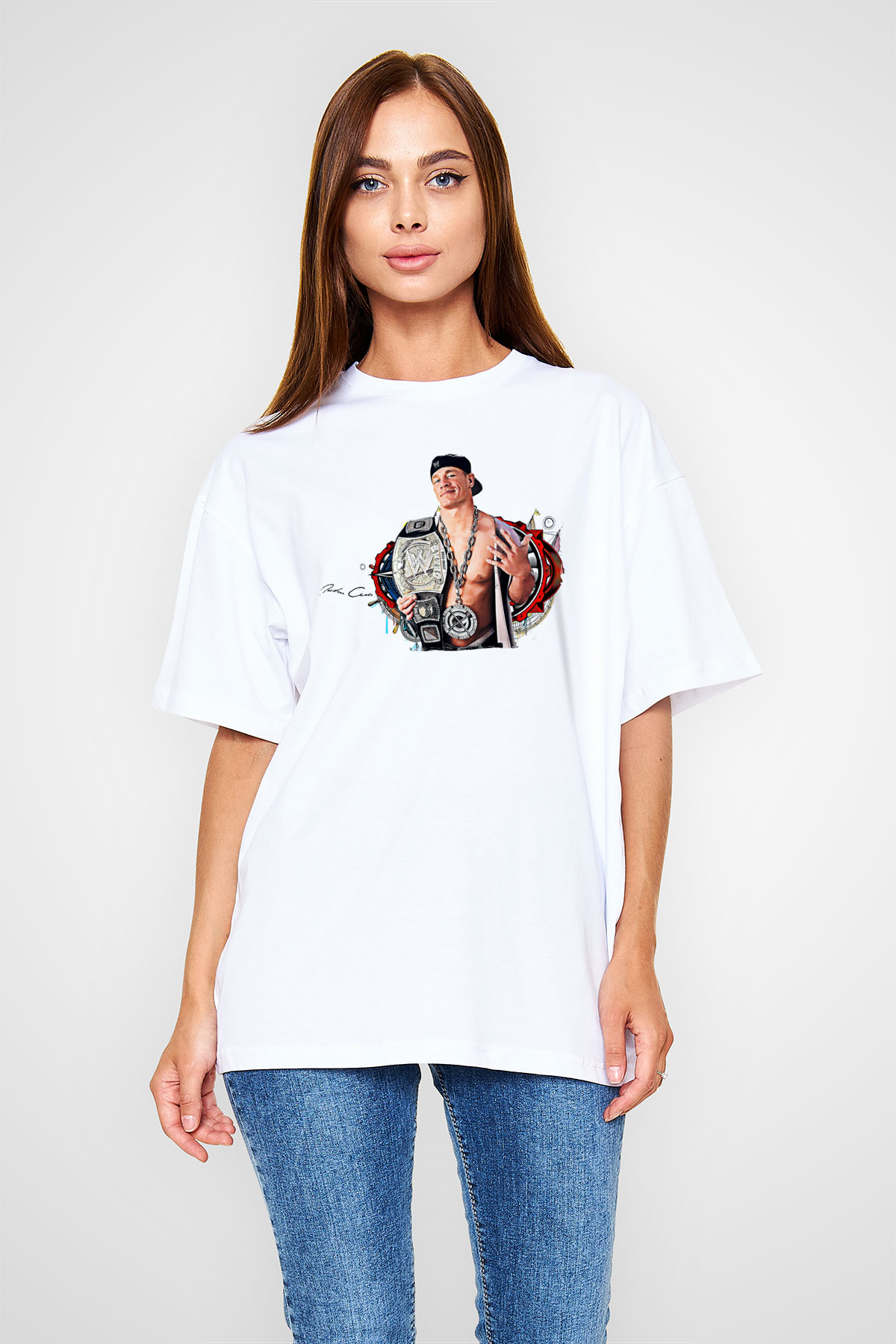 John Cena Baskılı Beyaz Unisex Oversize Tişört - Tshirt