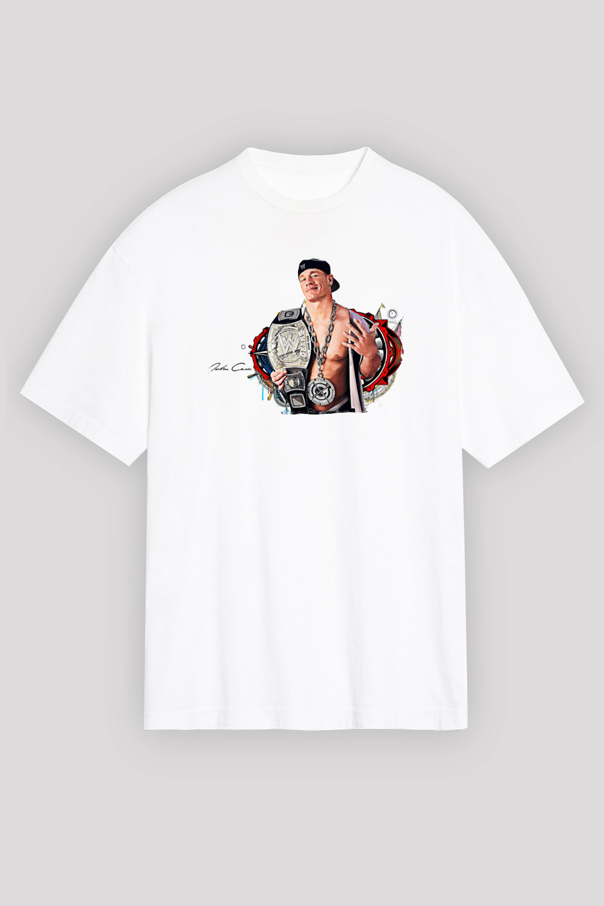 John Cena Baskılı Beyaz Unisex Oversize Tişört - Tshirt