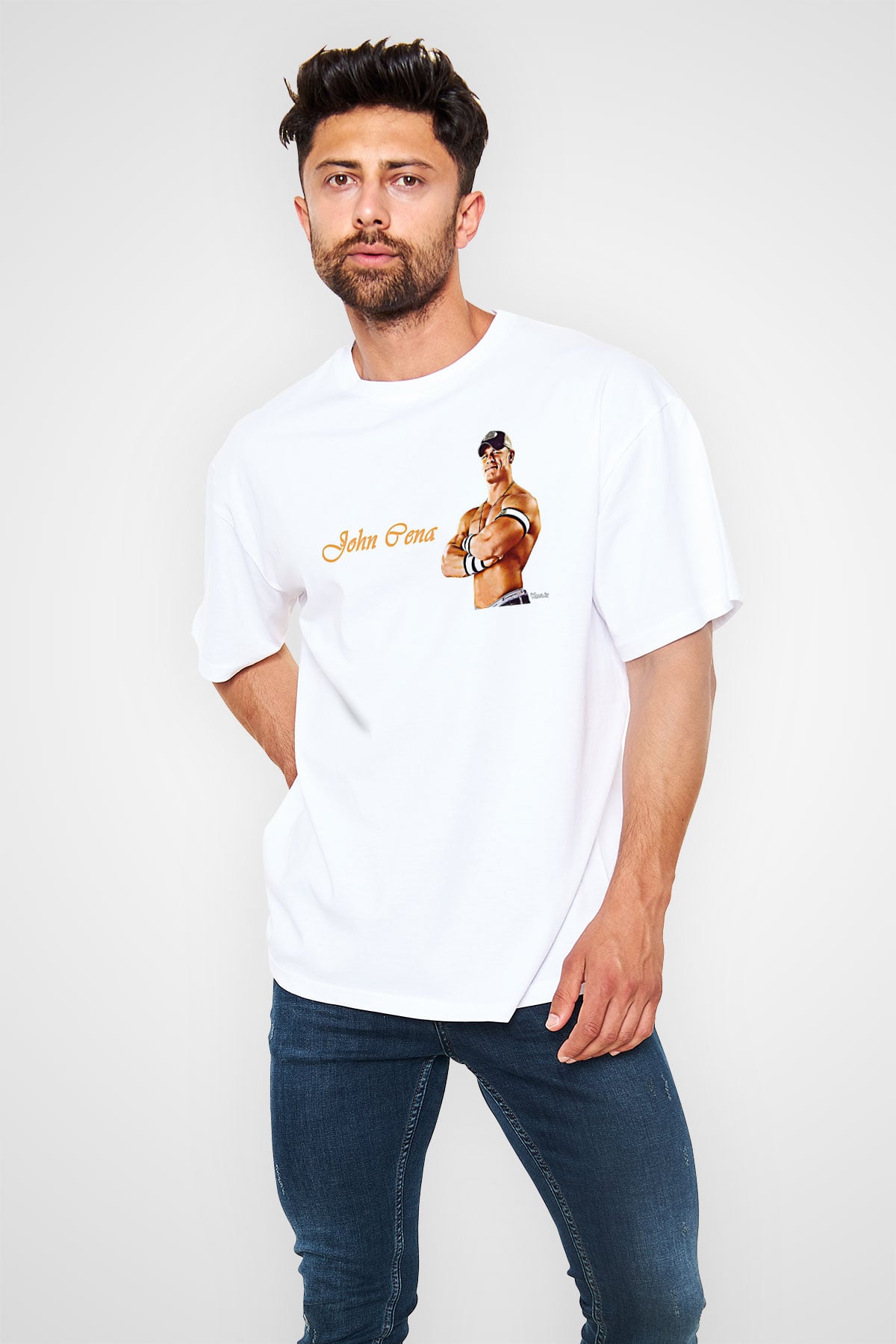 John Cena Baskılı Beyaz Unisex Oversize Tişört - Tshirt