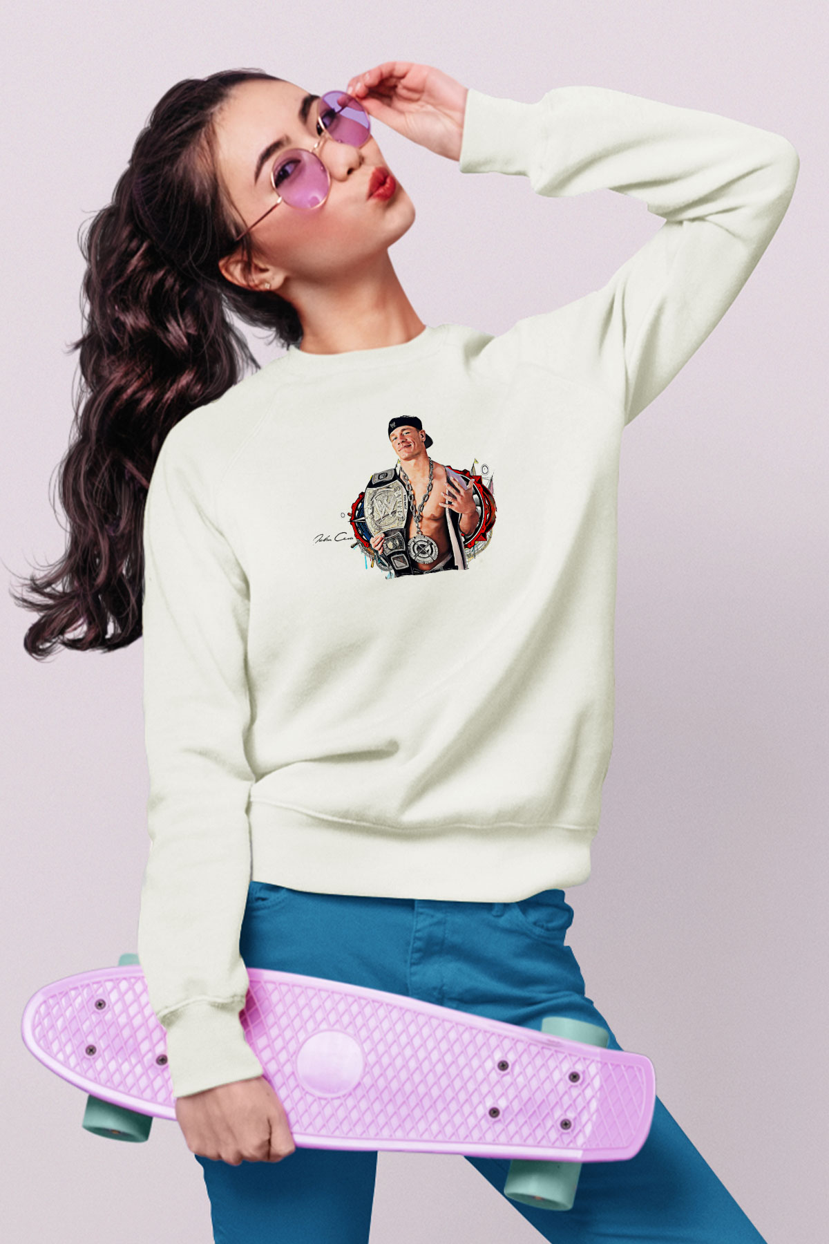 John Cena Baskılı Beyaz Unisex Sweatshirt