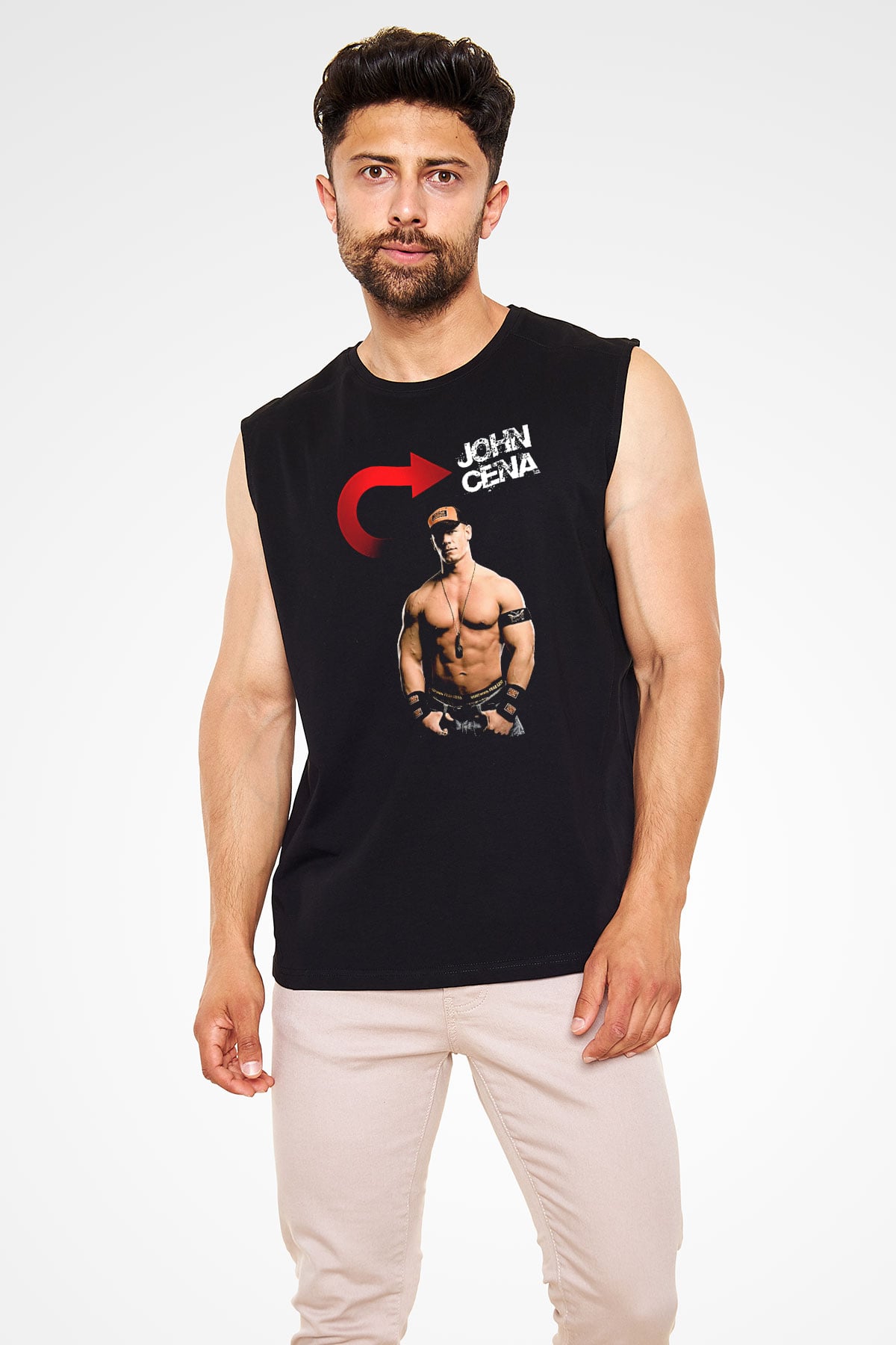 John Cena Baskılı Unisex Siyah Kolsuz Tişört - Tshirt