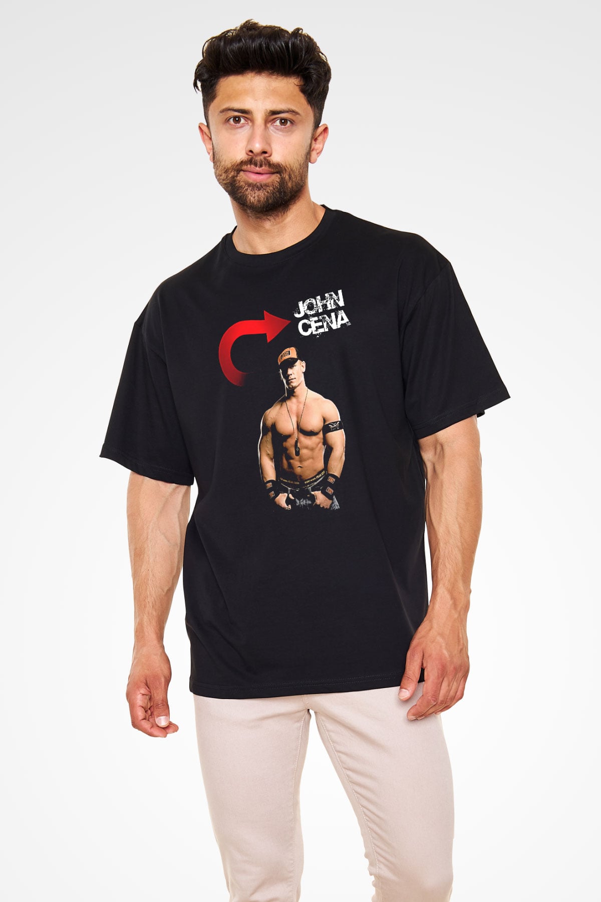 John Cena Baskılı Unisex Siyah Oversize Tişört - Tshirt