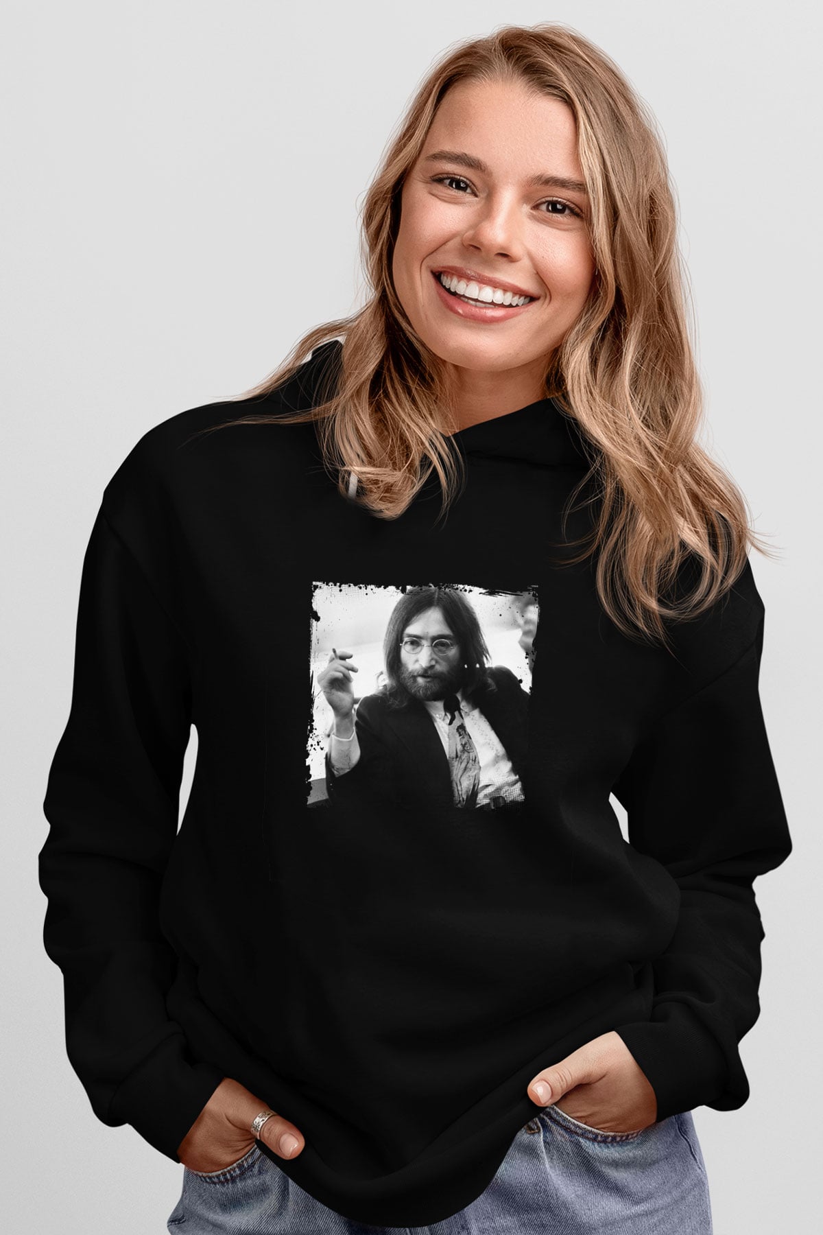 John Lennon Baskılı Unisex Siyah Hoodie