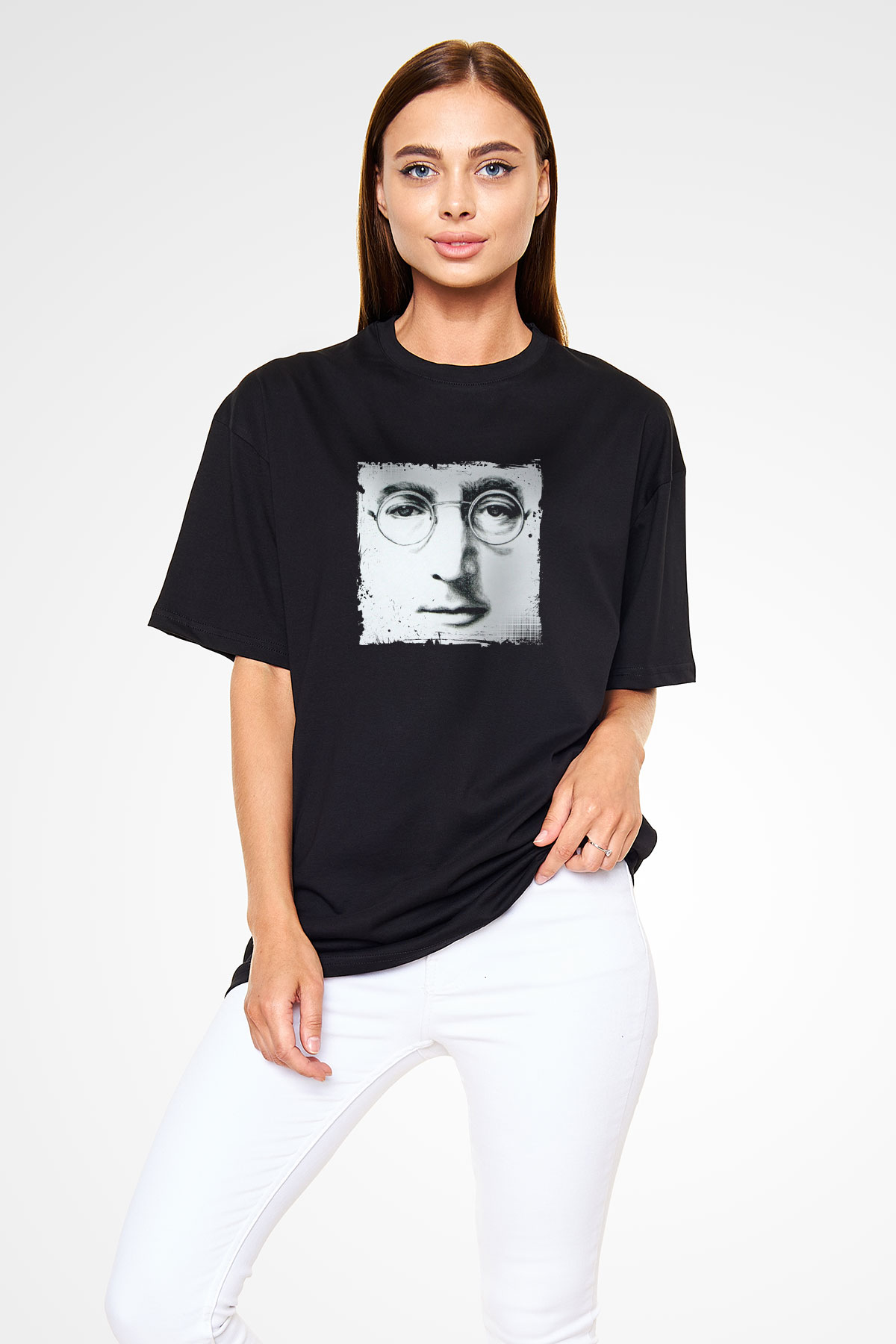 John Lennon Baskılı Unisex Siyah Oversize Tişört