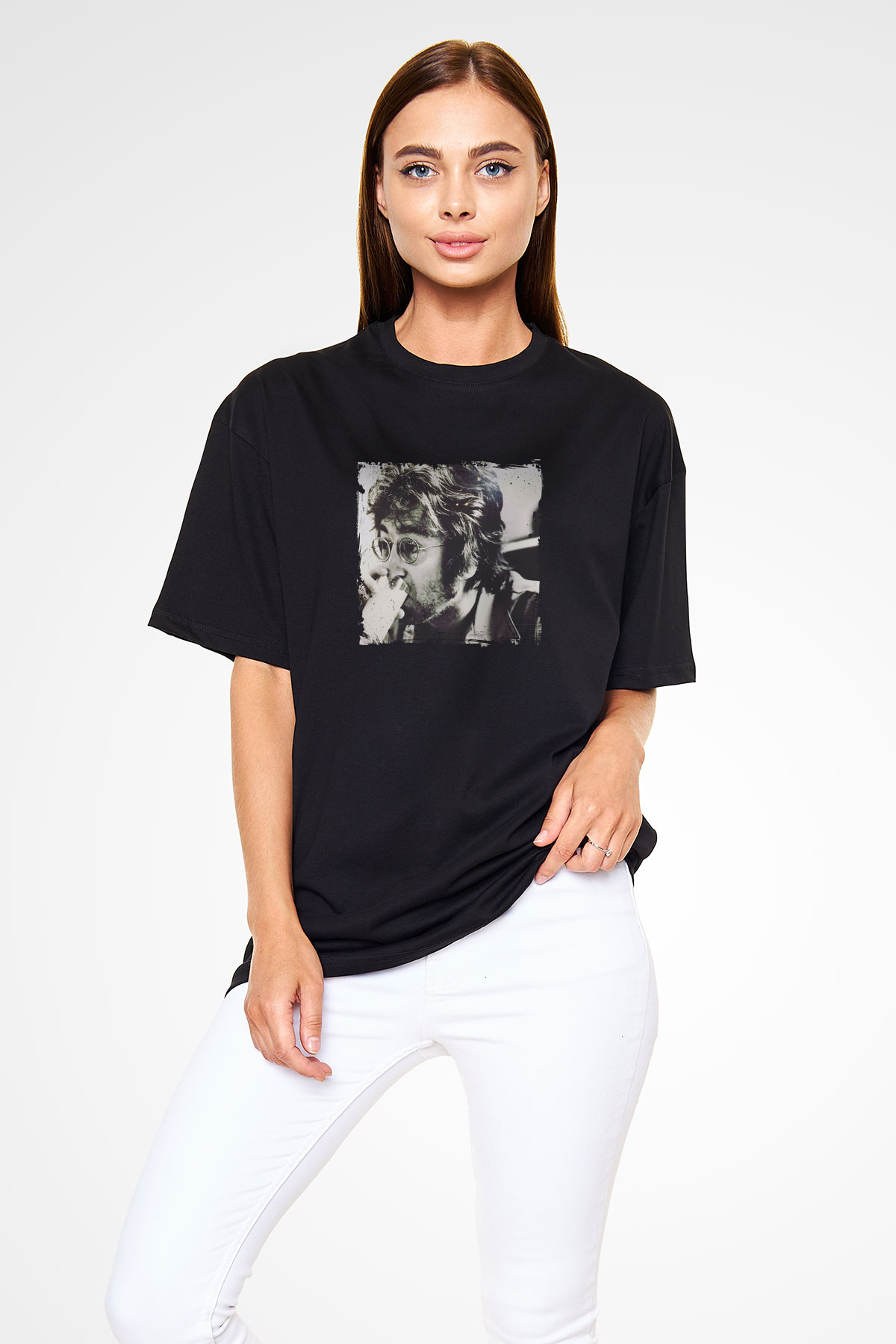 John Lennon Baskılı Unisex Siyah Oversize Tişört