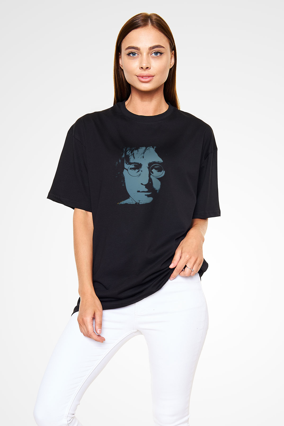 John Lennon Baskılı Unisex Siyah Oversize Tişört
