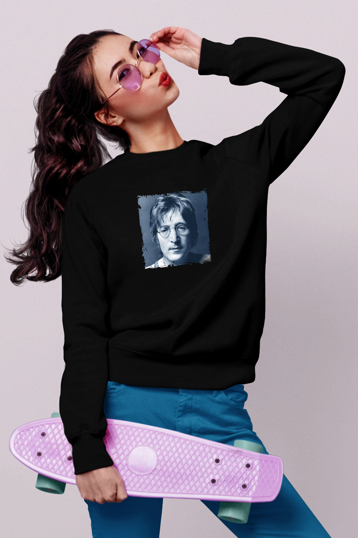 John Lennon Baskılı Unisex Siyah Sweatshirt