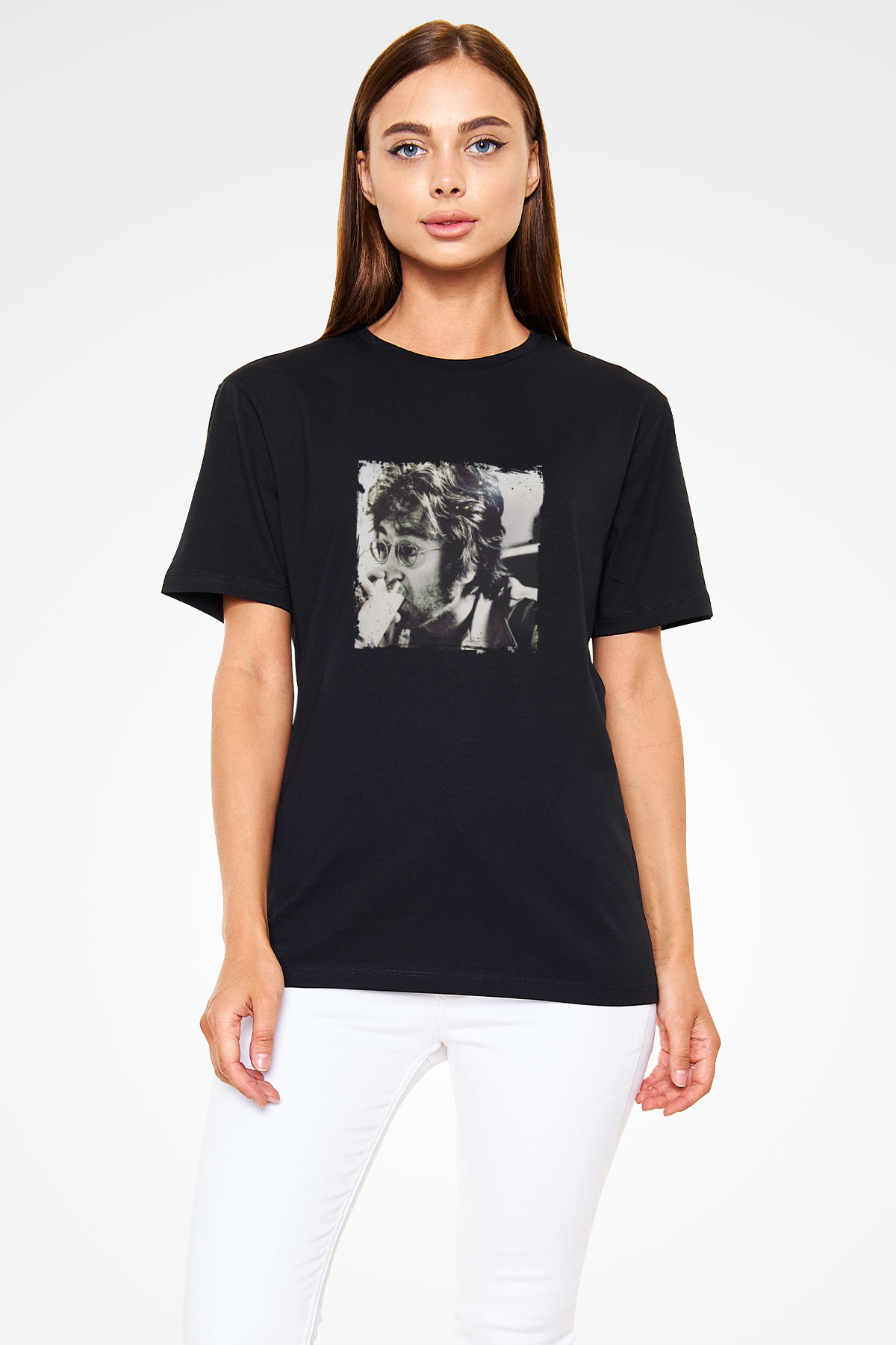 John Lennon Baskılı Unisex Siyah Tişört