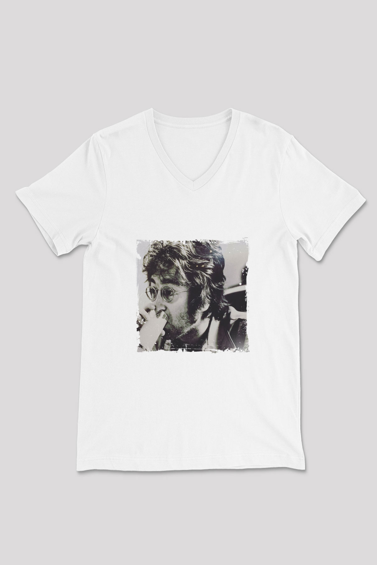 John Lennon Baskılı V Yaka Unisex Beyaz Tişört
