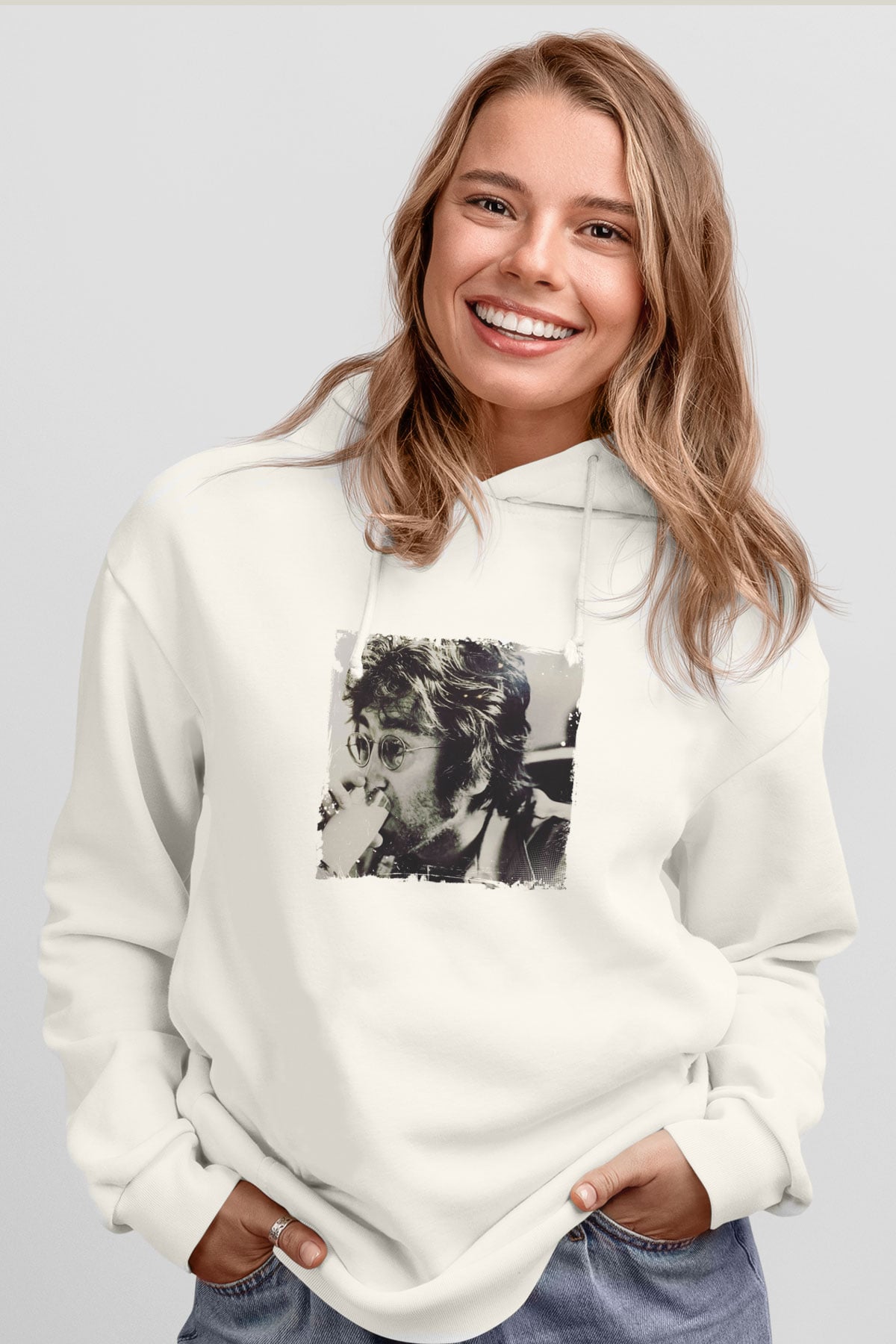 John Lennon Unisex Baskılı Beyaz Kapüşonlu Sweatshirt