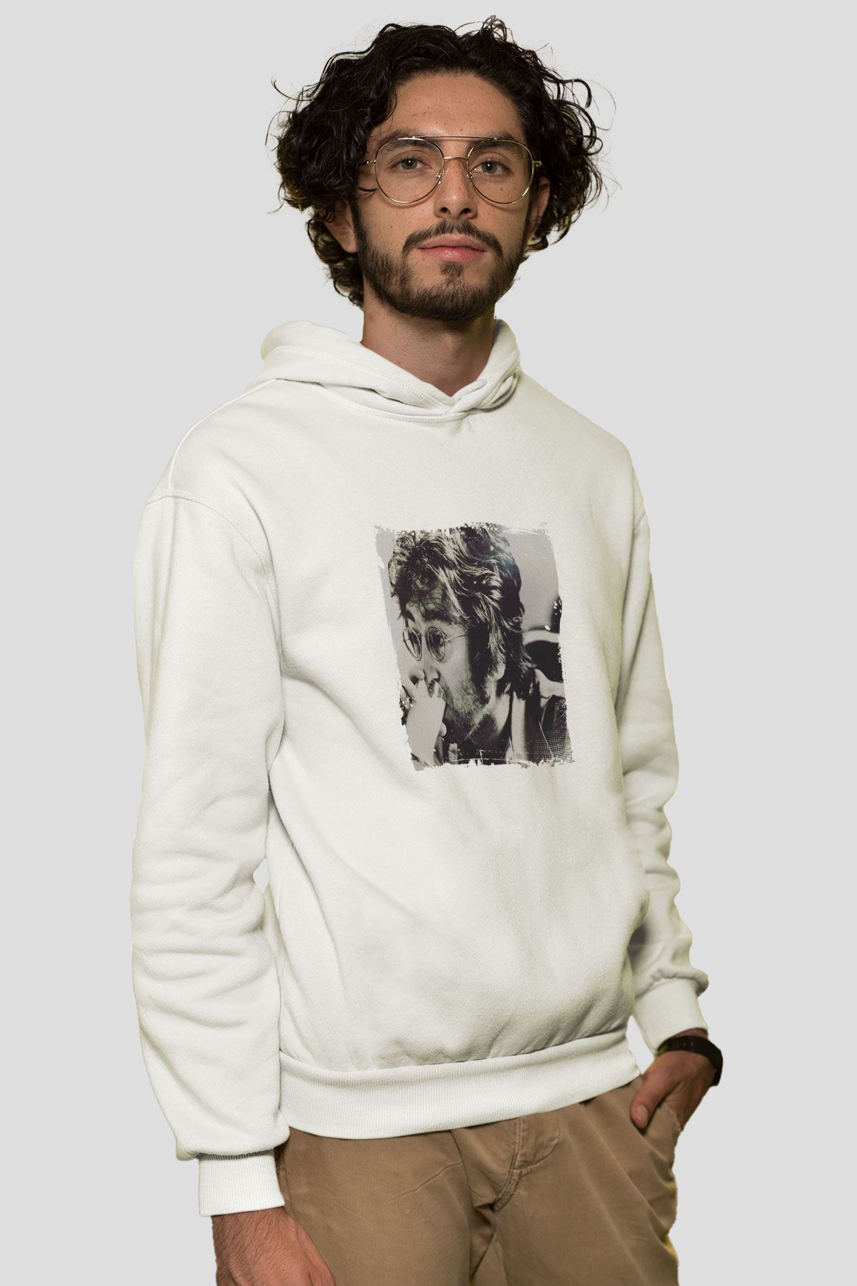 John Lennon Unisex Baskılı Beyaz Kapüşonlu Sweatshirt
