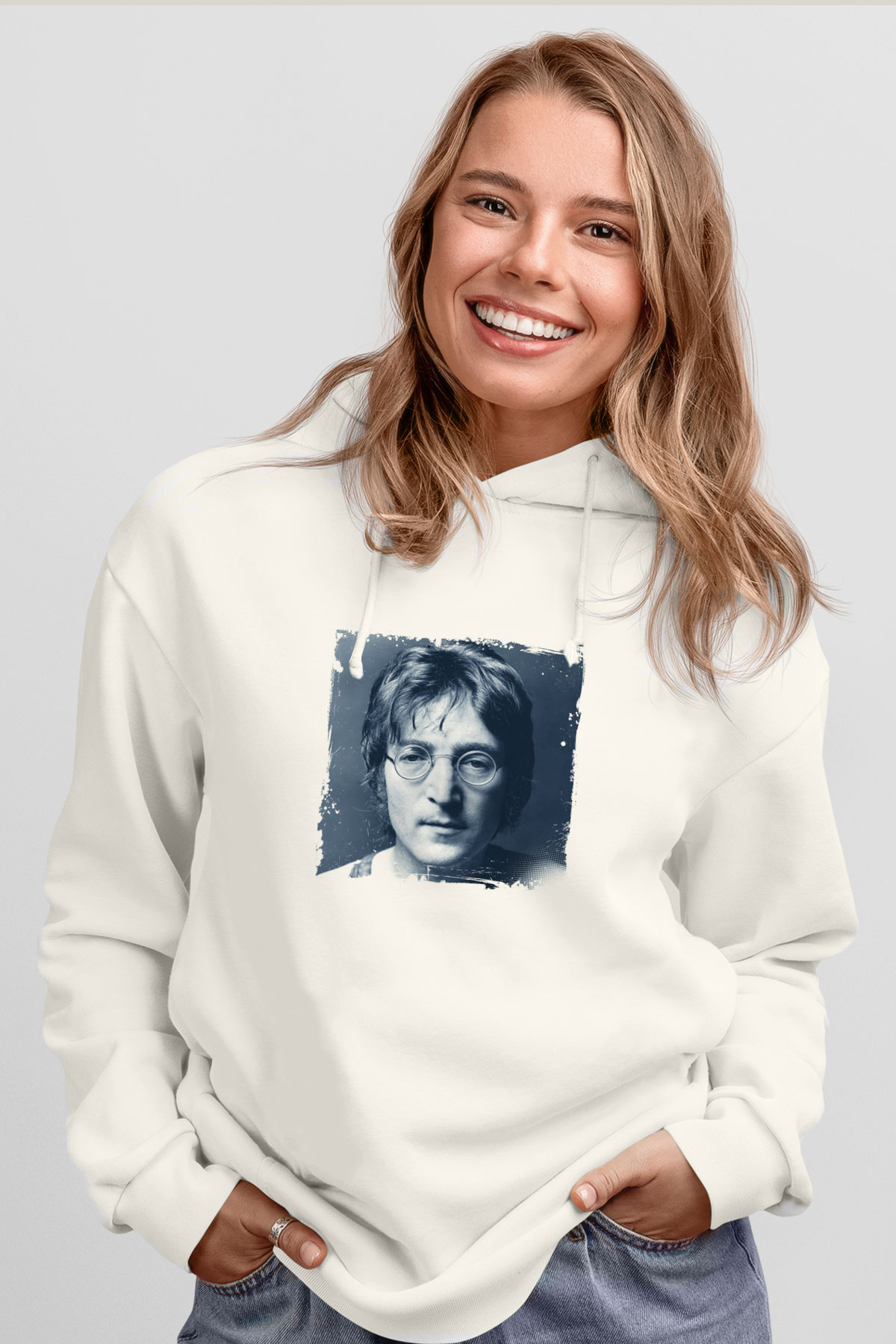 John Lennon Unisex Baskılı Beyaz Kapüşonlu Sweatshirt
