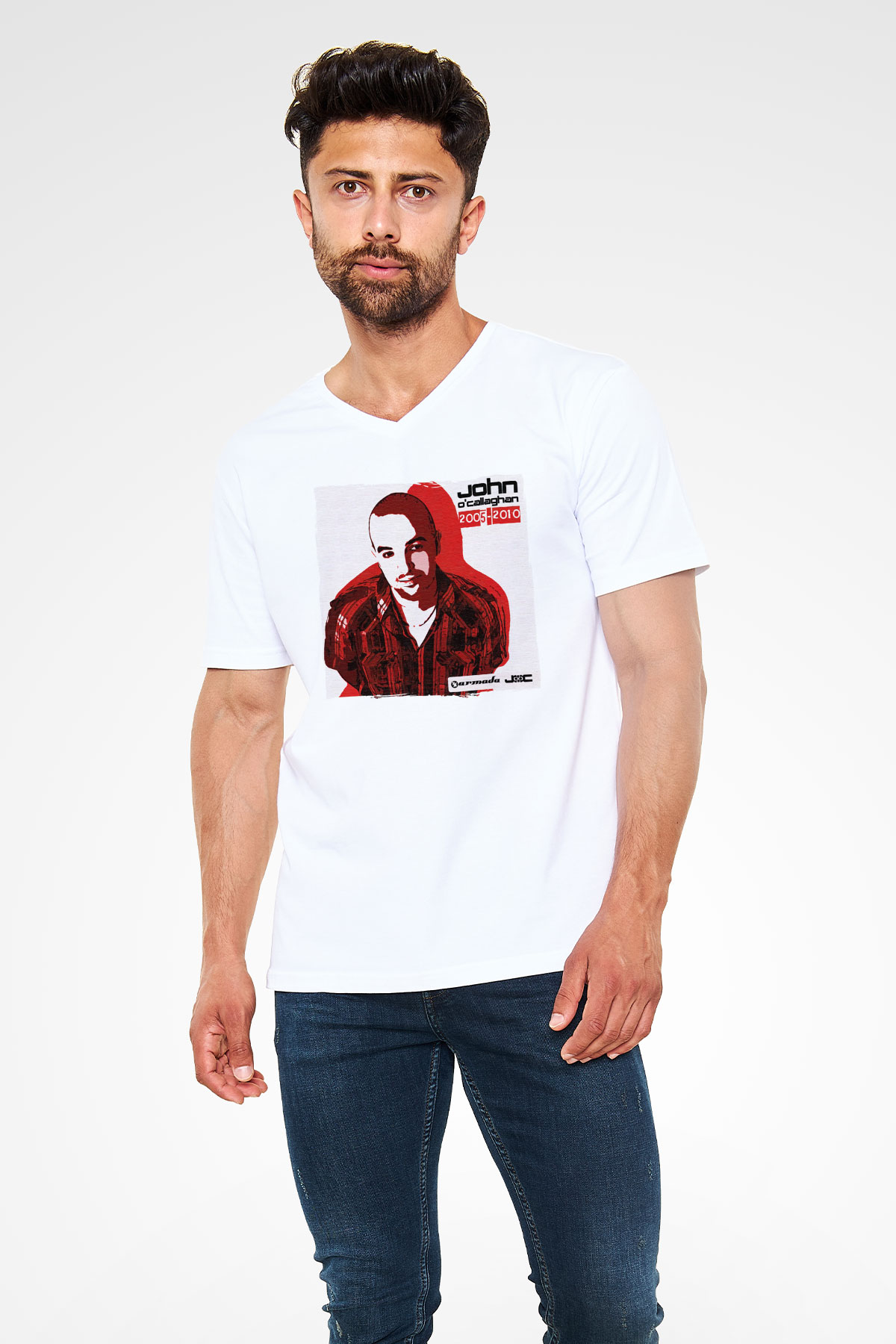 John Ocallaghan Beyaz Unisex V Yaka Tişört