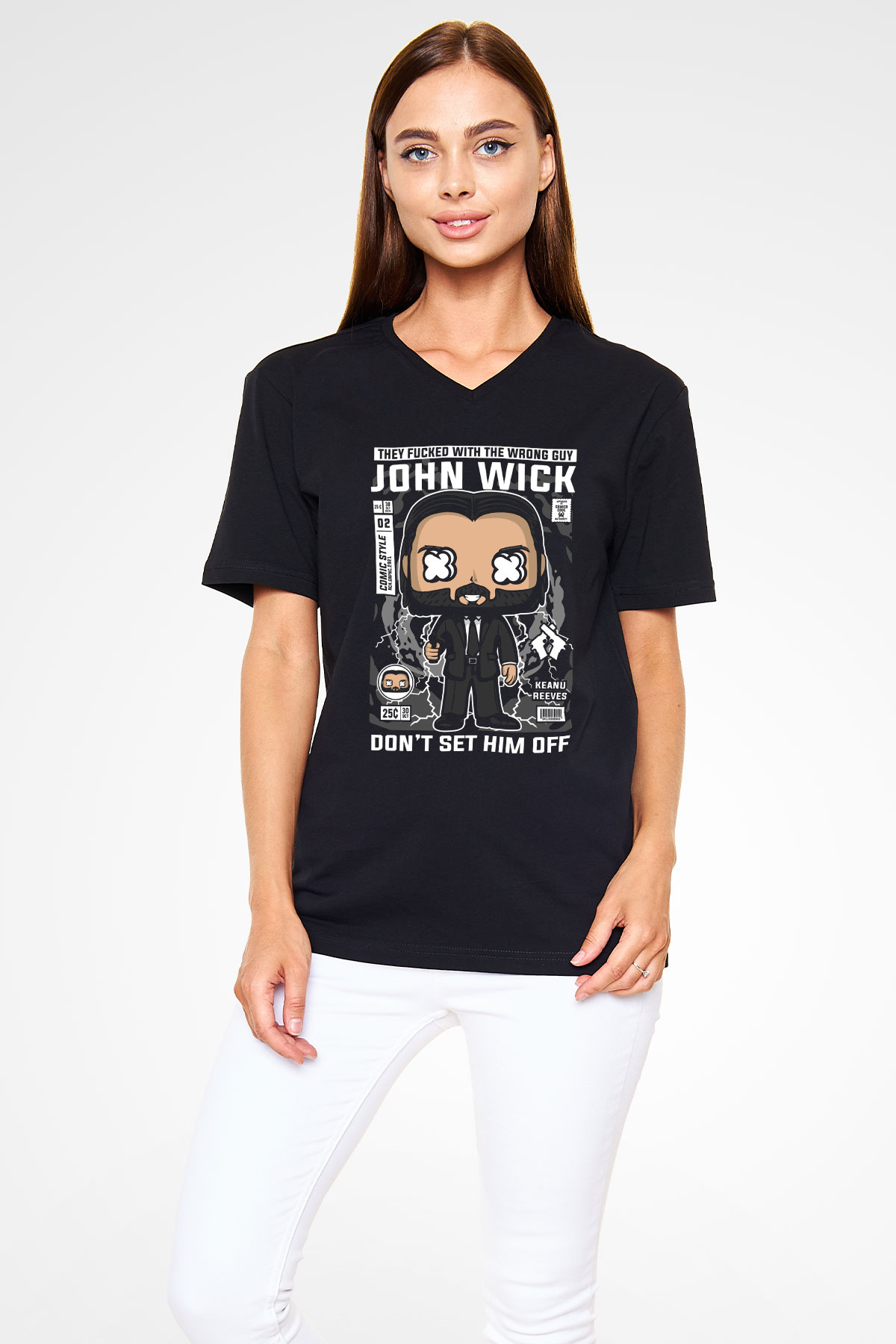 John Wick Baskılı Unisex Siyah V Yaka Tişört