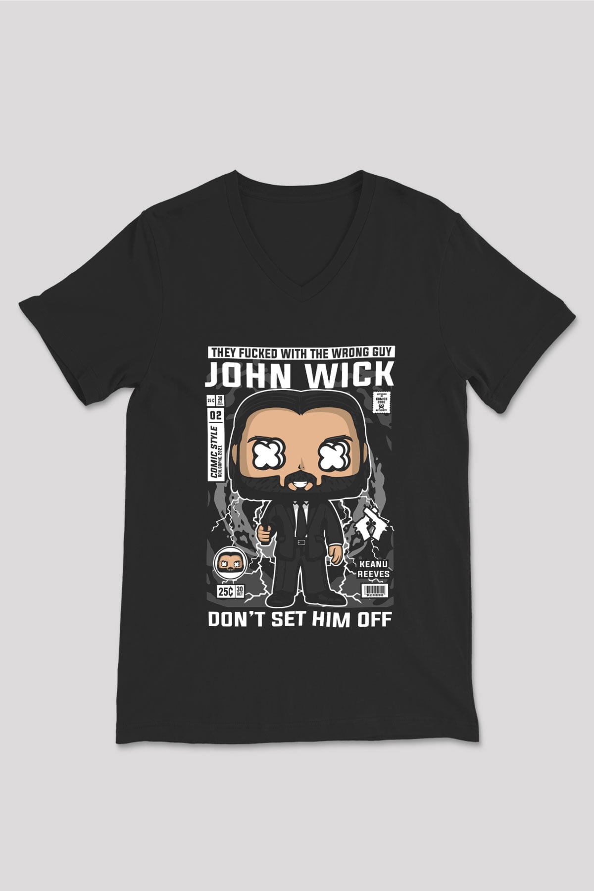 John Wick Baskılı Unisex Siyah V Yaka Tişört