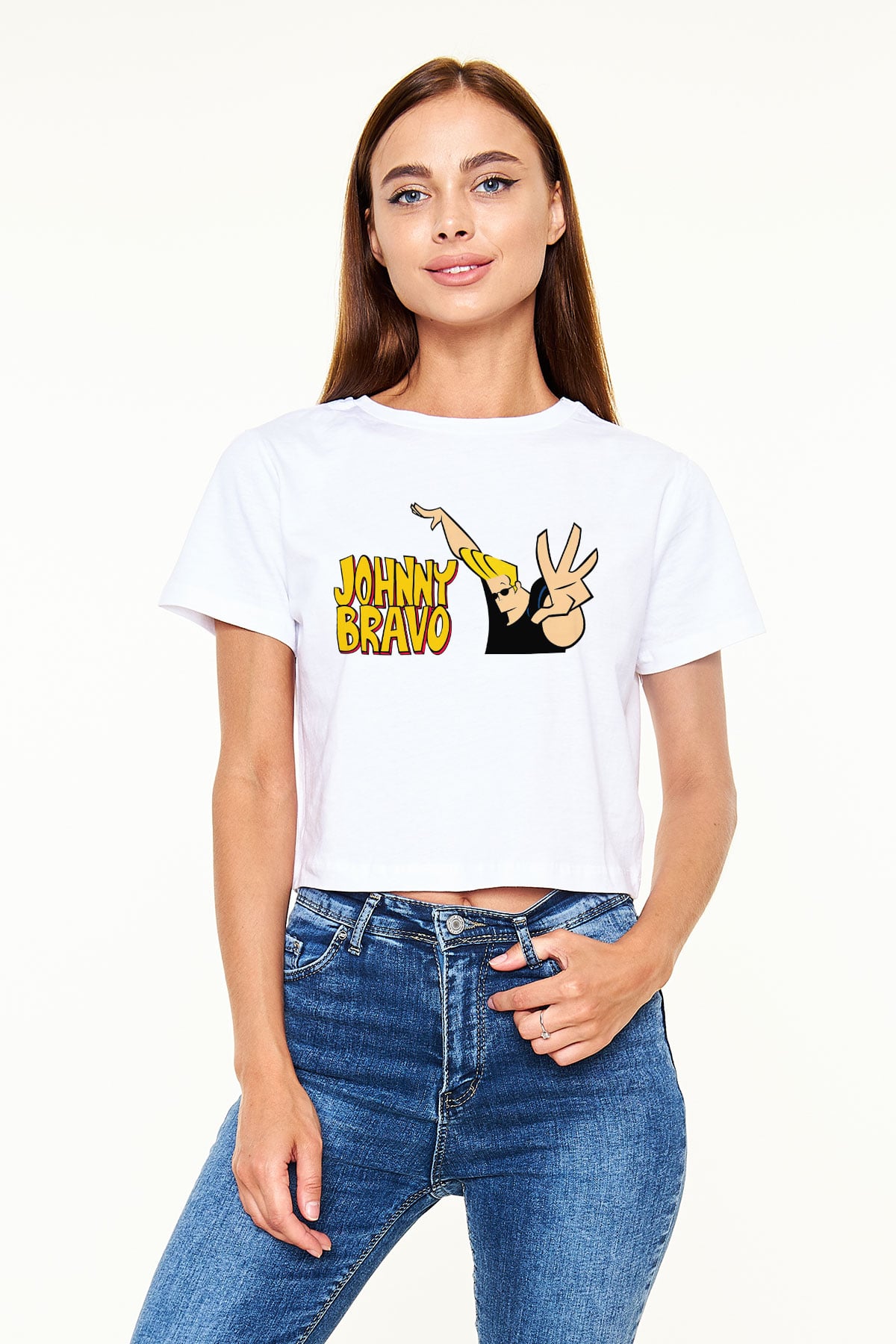 Johnny Bravo Beyaz Croptop Tişört