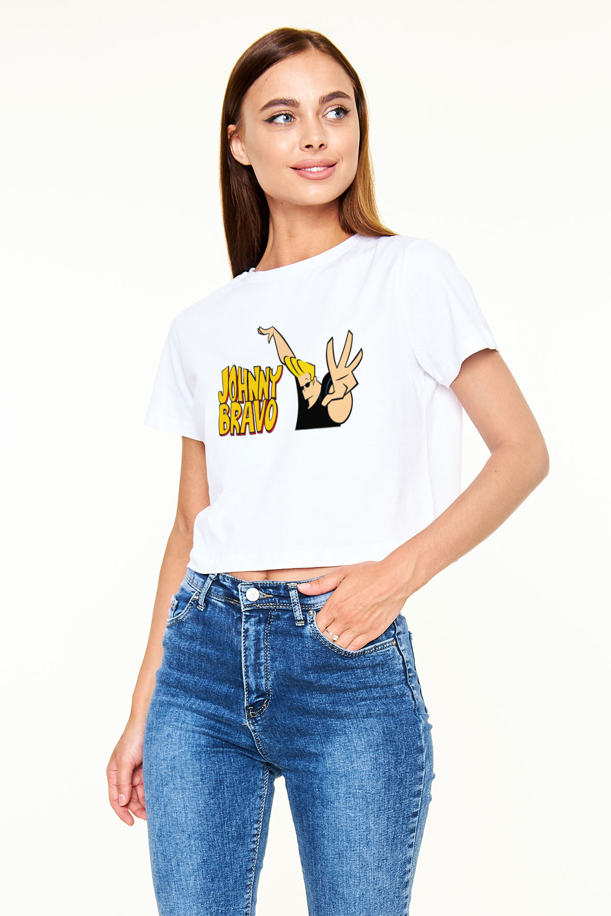 Johnny Bravo Beyaz Croptop Tişört