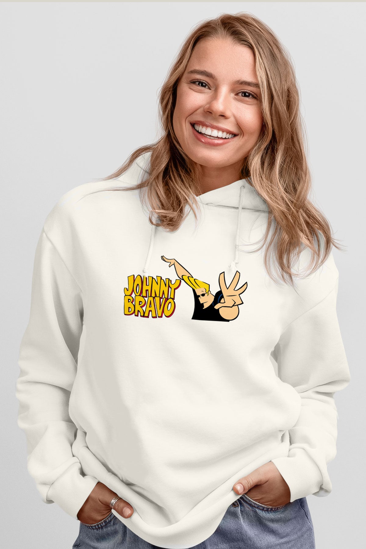 Johnny Bravo Beyaz Unisex Kapşonlu Sweatshirt