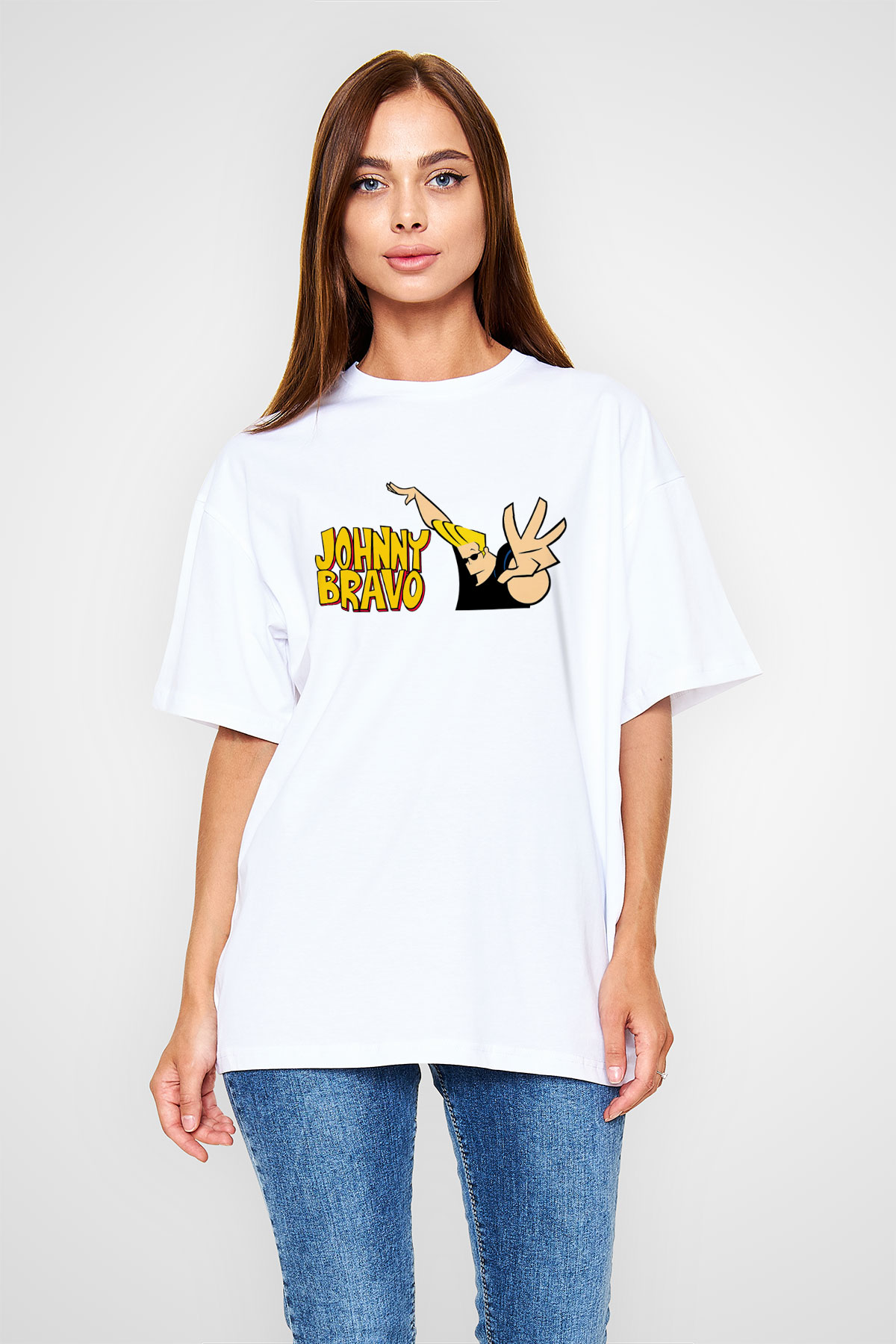 Johnny Bravo Beyaz Unisex Oversize Tişört T-Shirt