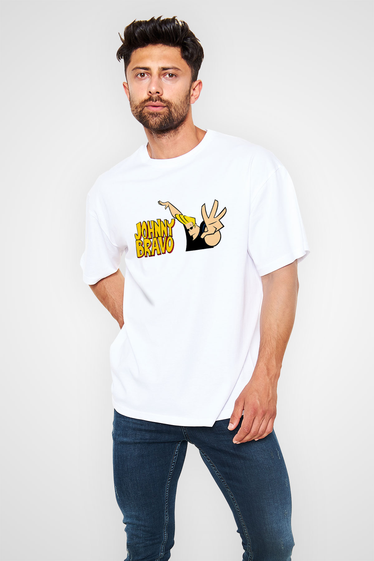 Johnny Bravo Beyaz Unisex Oversize Tişört T-Shirt