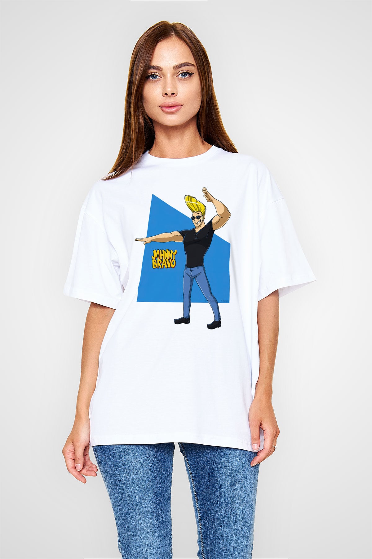 Johnny Bravo Beyaz Oversize Tişört Oversize T-shirt