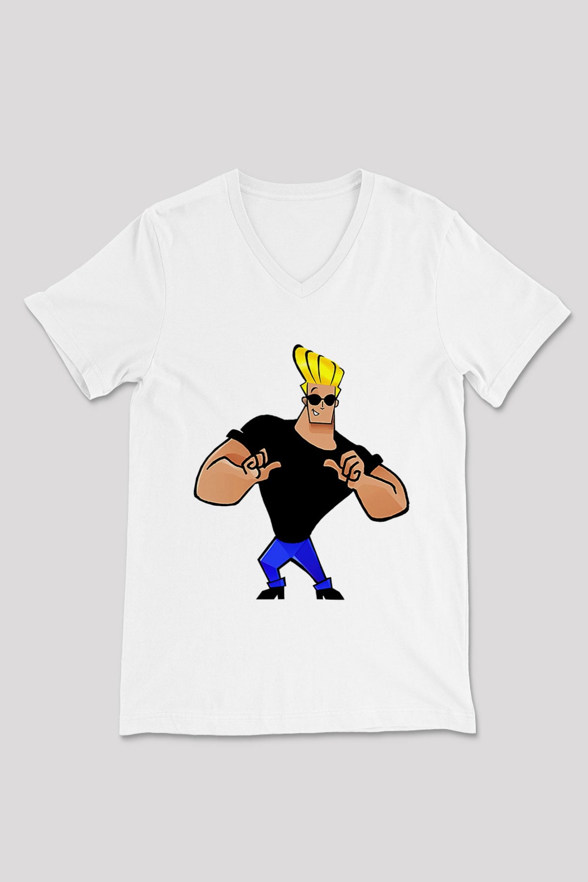 Johnny Bravo Beyaz Unisex V Yaka Tişört T-Shirt