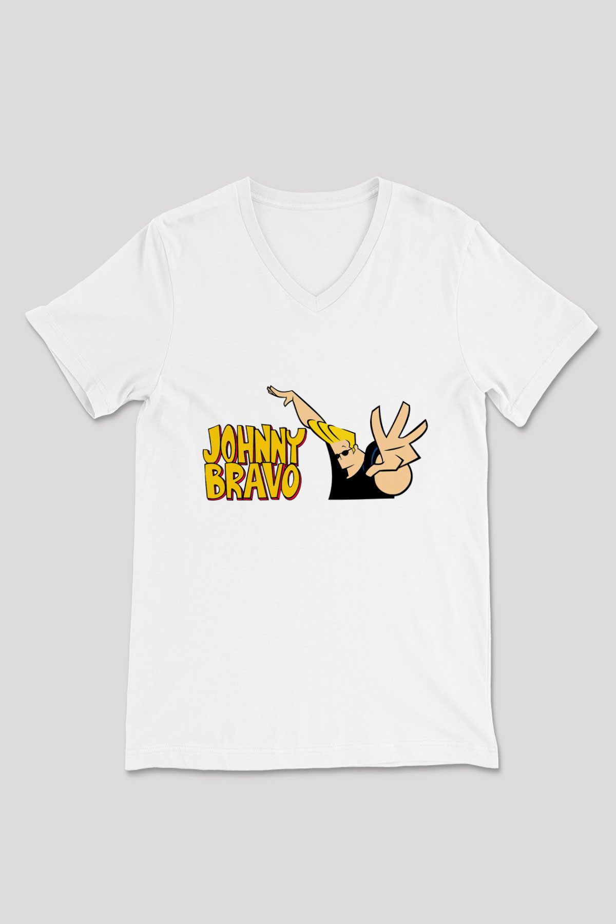 Johnny Bravo Beyaz Unisex V Yaka Tişört T-Shirt