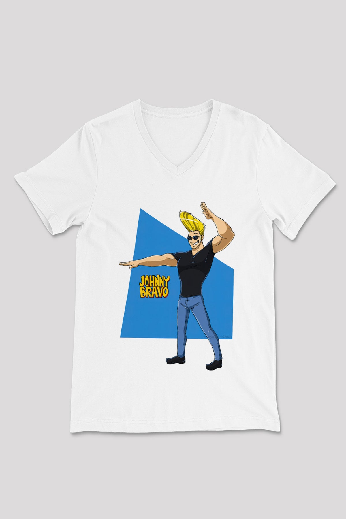 Johnny Bravo Beyaz Unisex V Yaka Tişört