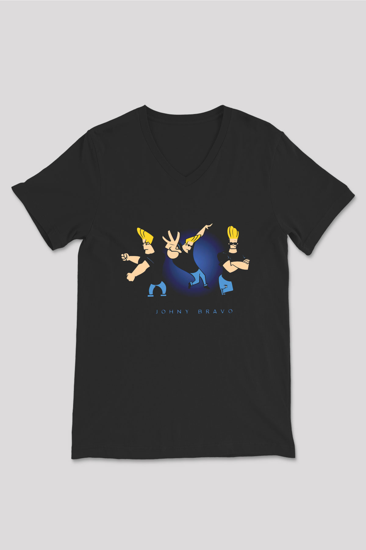 Johnny Bravo Siyah Unisex V Yaka Tişört