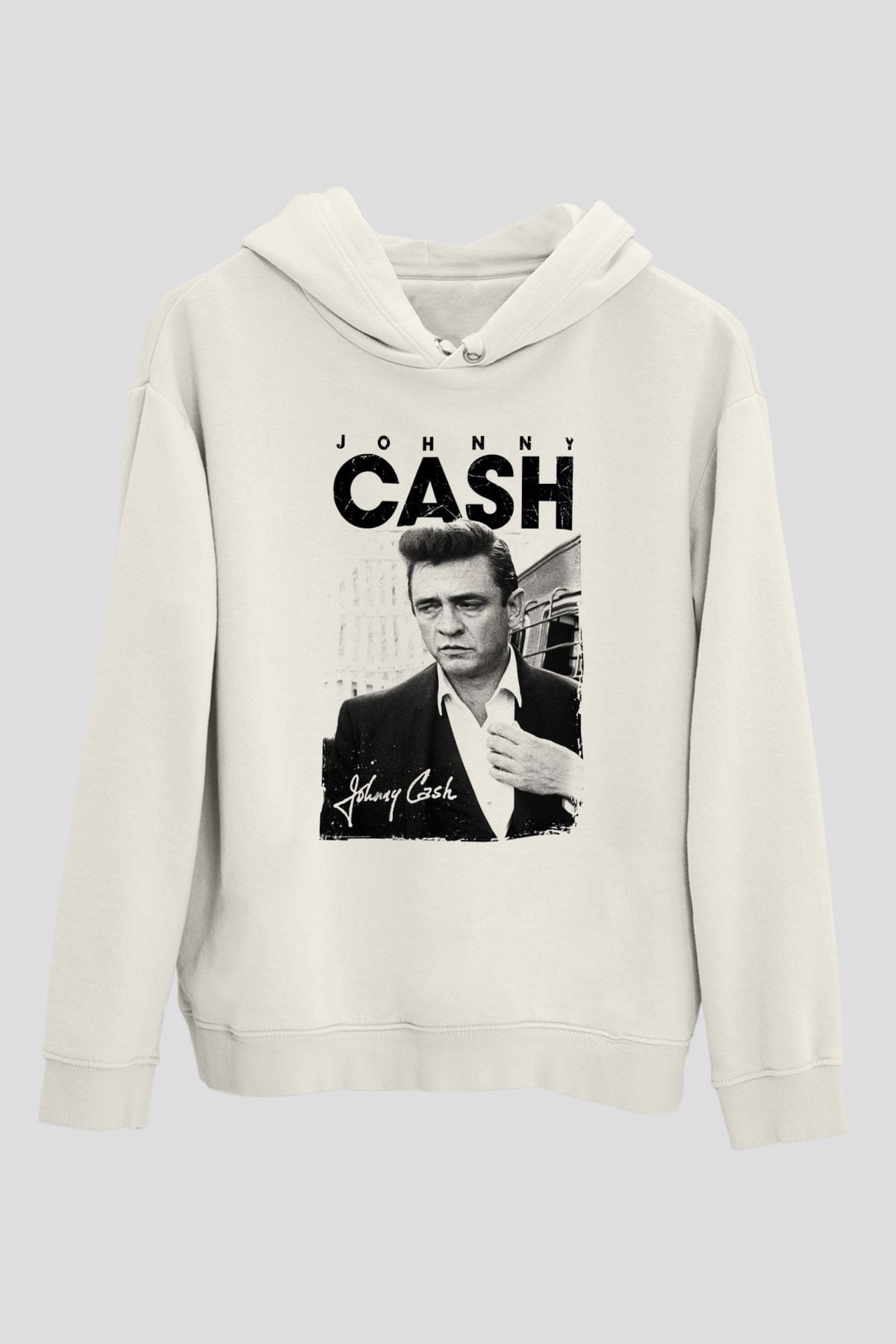 Johnny Cash Beyaz Unisex Kapşonlu Sweatshirt