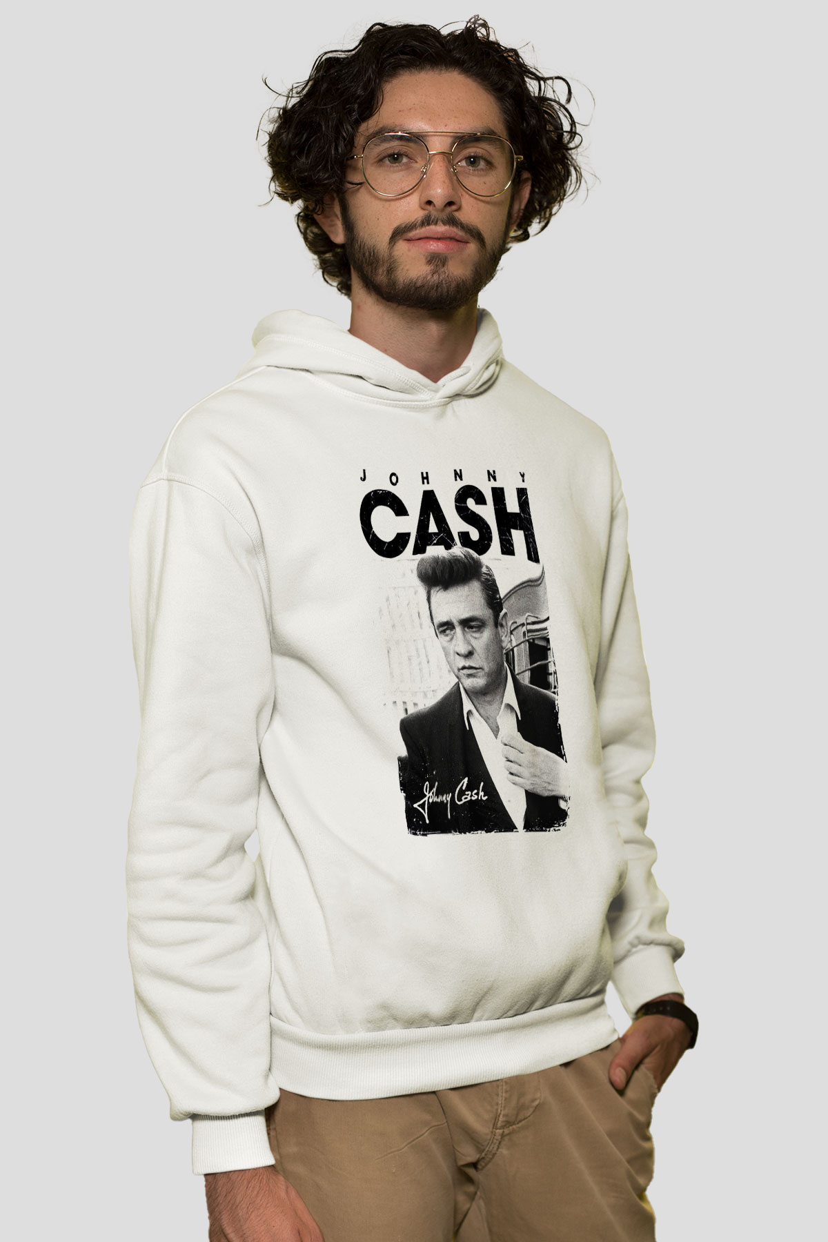 Johnny Cash Beyaz Unisex Kapşonlu Sweatshirt