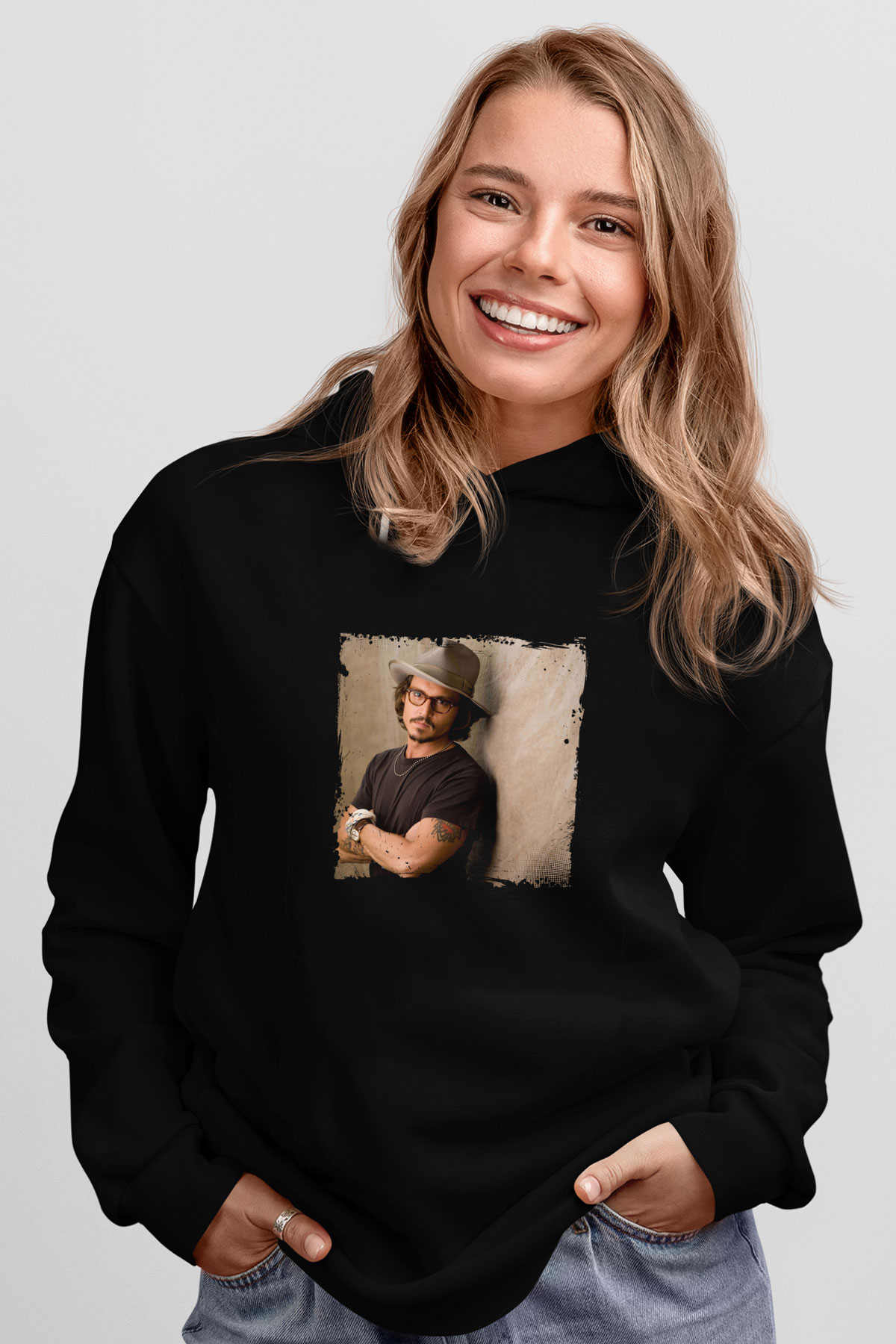 Johnny Depp Baskılı Unisex Siyah Hoodie
