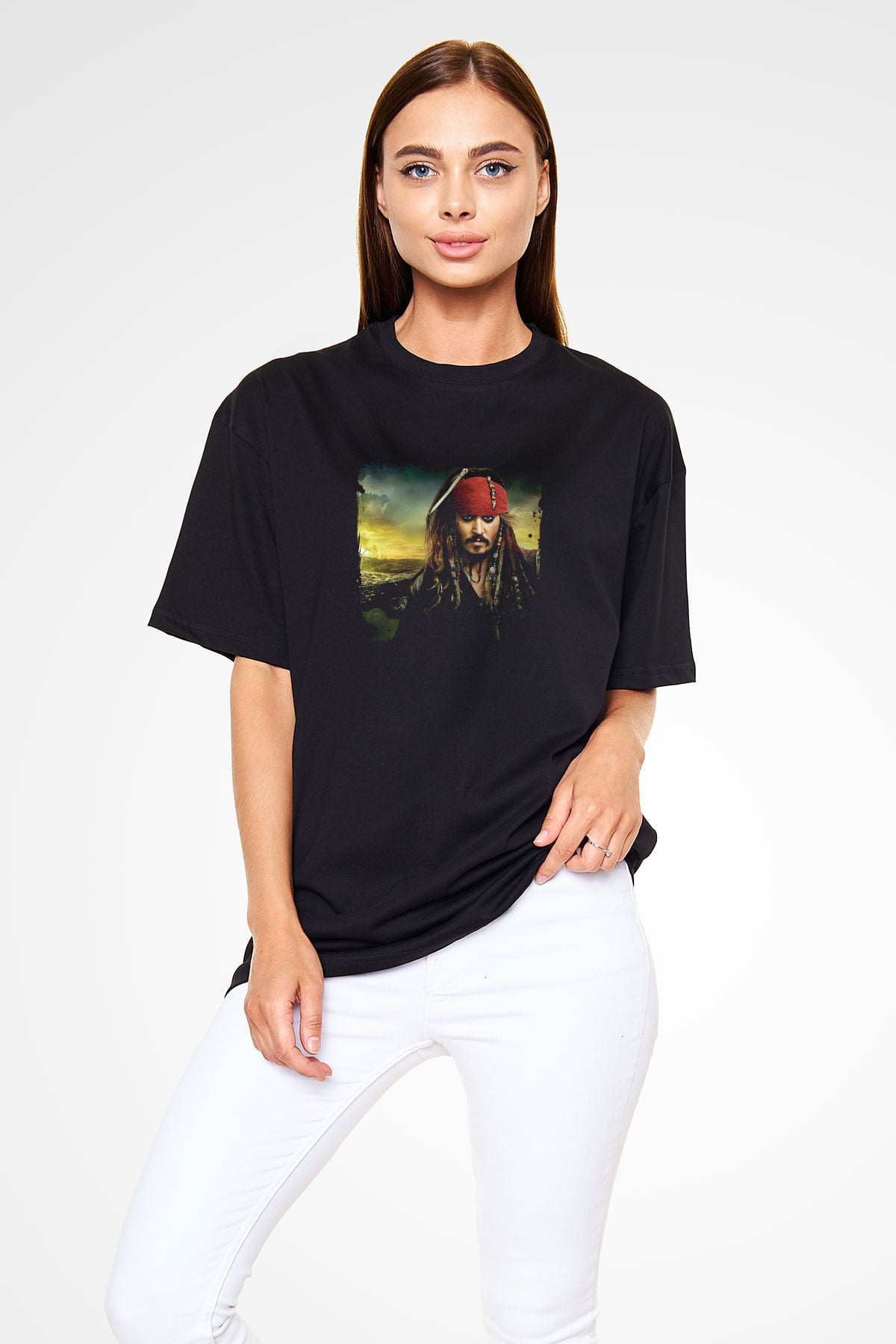 Johnny Depp Baskılı Unisex Siyah Oversize Tişört