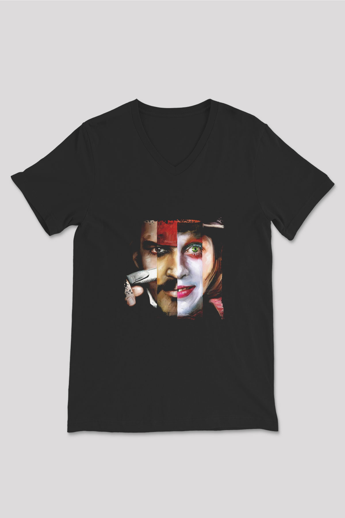 Johnny Depp Baskılı Unisex Siyah V Yaka Tişört