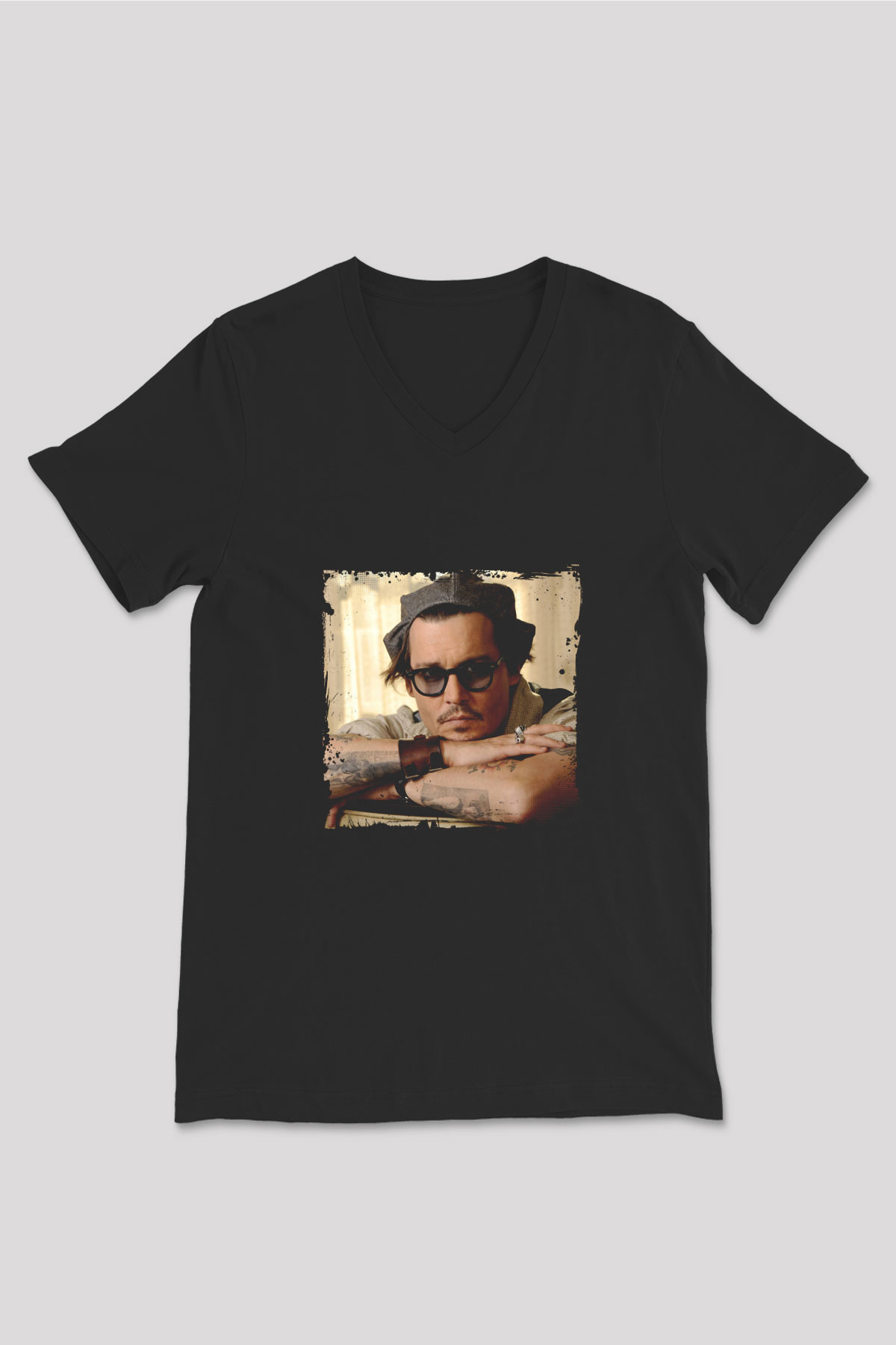 Johnny Depp Baskılı Unisex Siyah V Yaka Tişört