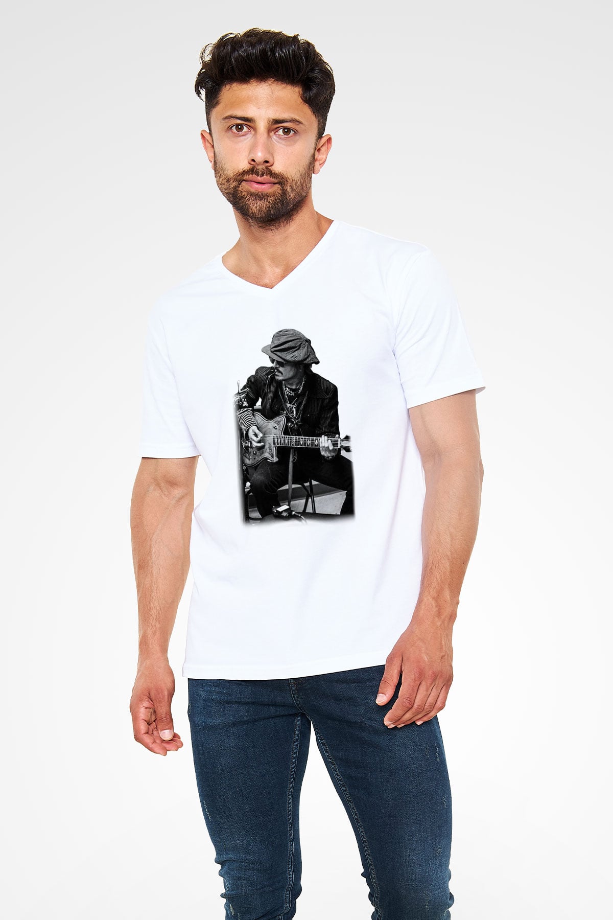 Johnny Depp Beyaz Unisex V Yaka Tişört T-Shirt