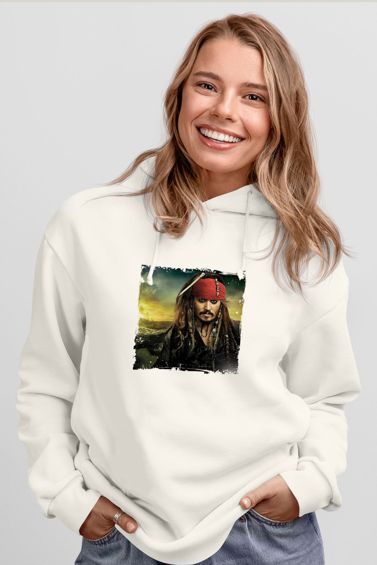 Johnny Depp Unisex Baskılı Beyaz Kapüşonlu Sweatshirt
