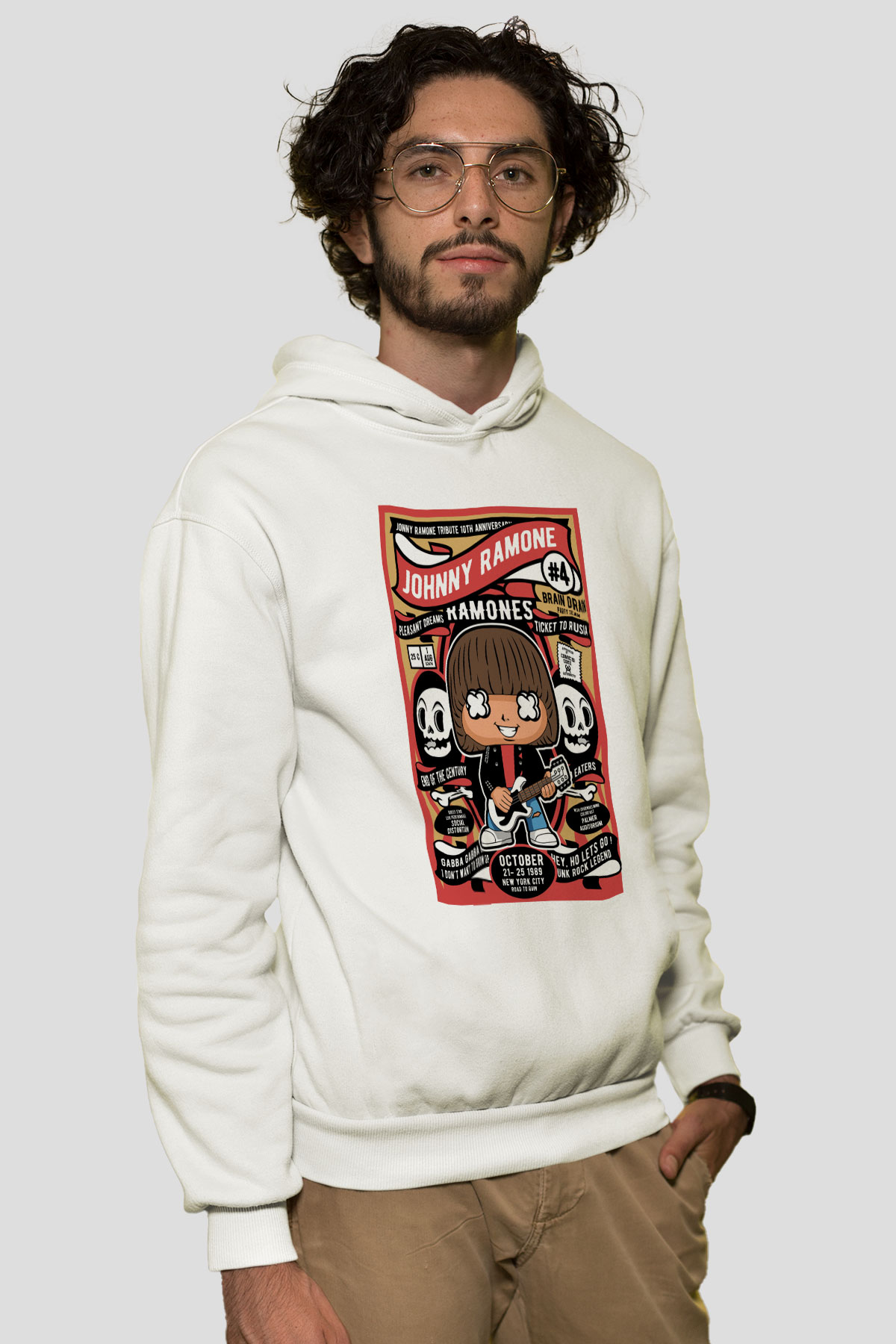 Johny Ramones Baskılı Unisex Beyaz Hoodie