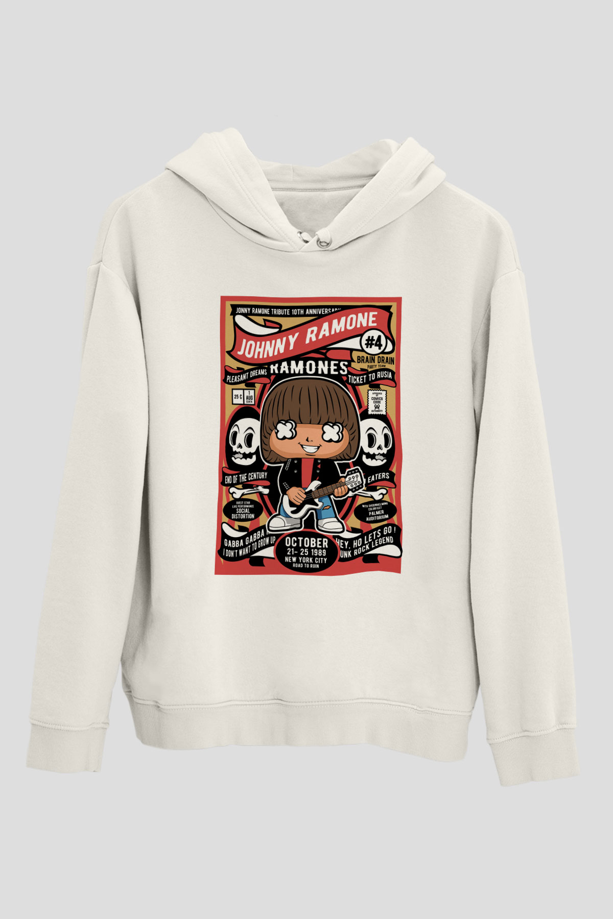 Johny Ramones Baskılı Unisex Beyaz Hoodie