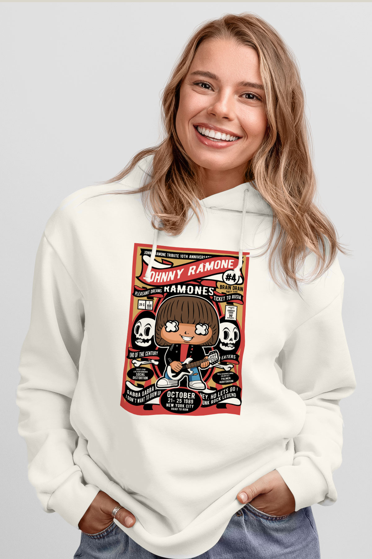 Johny Ramones Baskılı Unisex Beyaz Hoodie