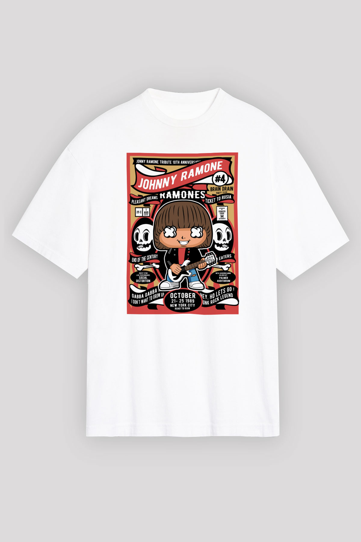 Johny Ramones Baskılı Unisex Beyaz Oversize Tişört