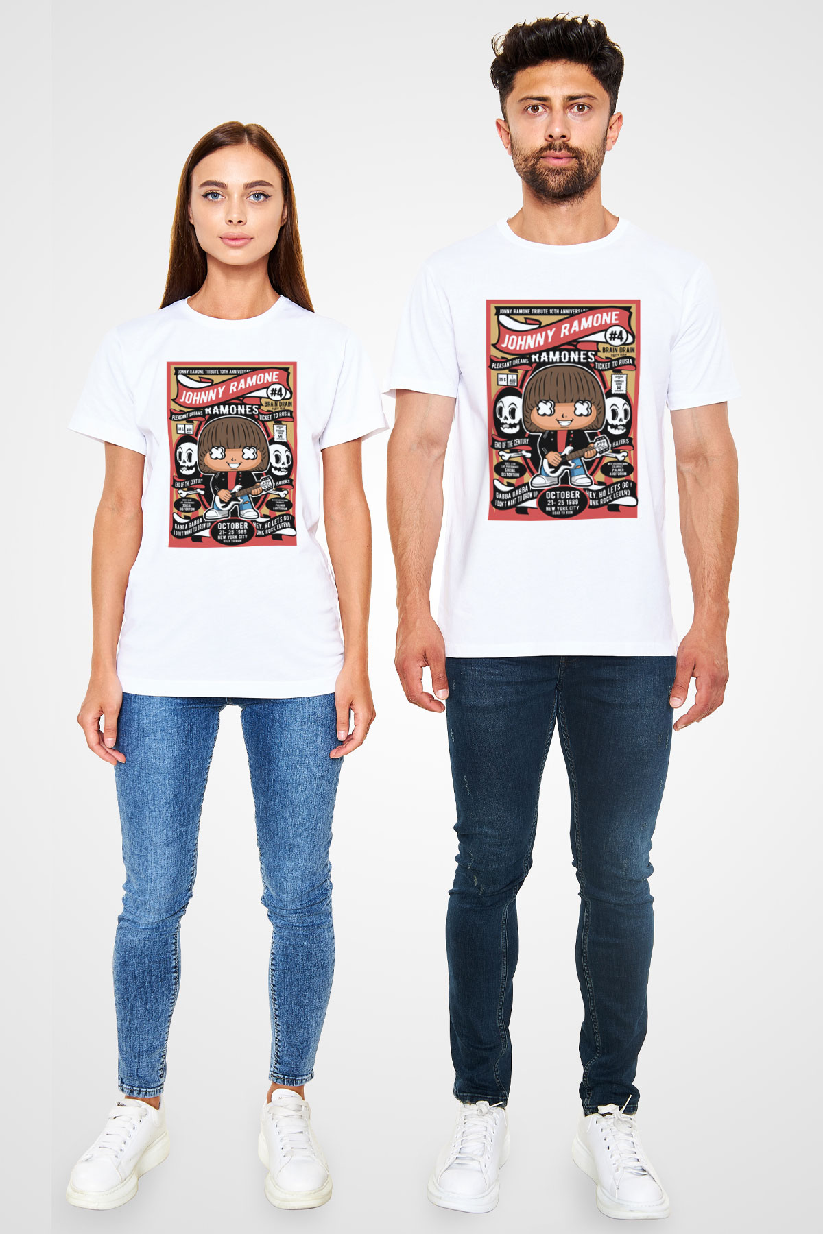 Johny Ramones Baskılı Unisex Beyaz Tişört