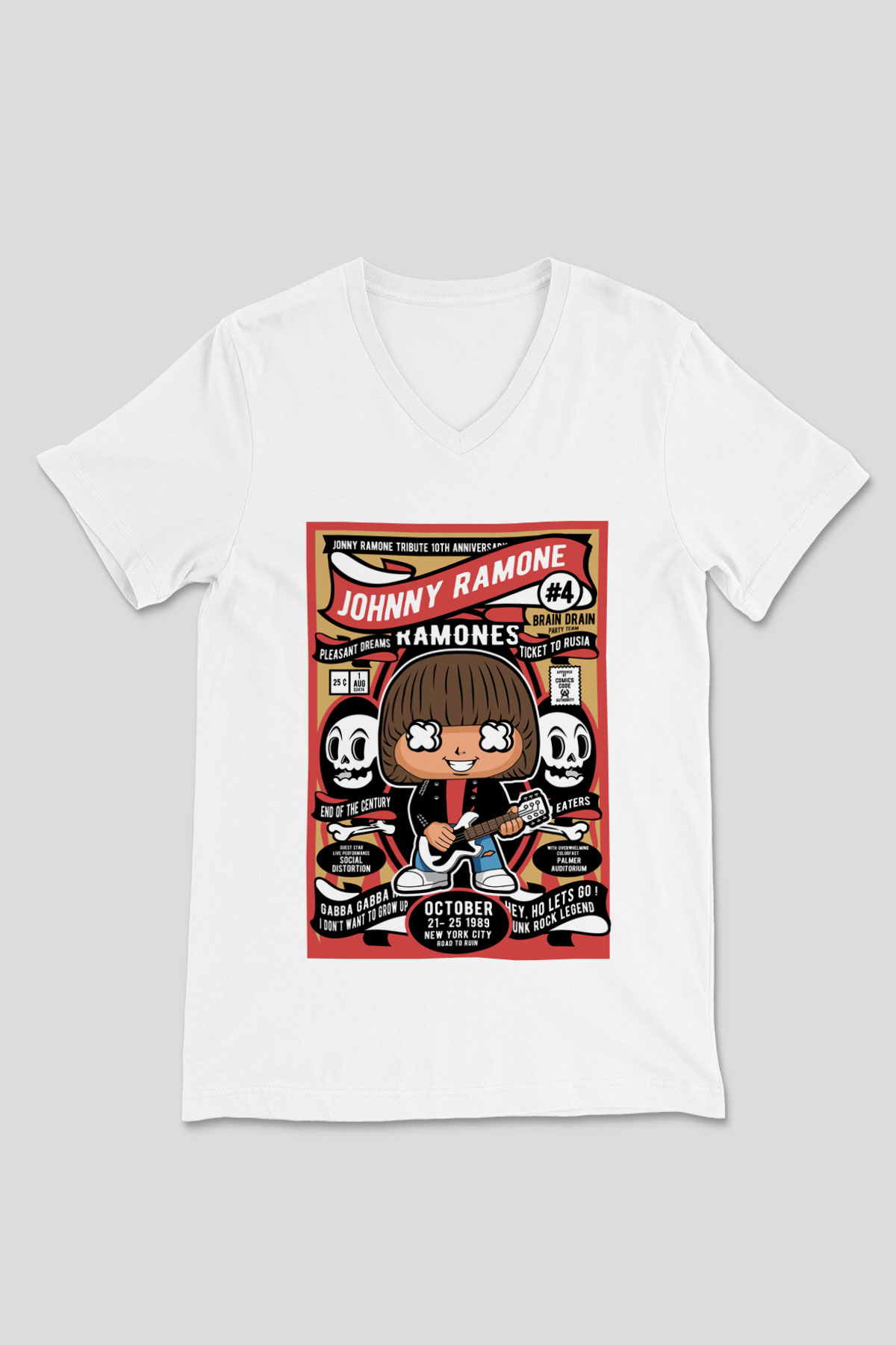 Johny Ramones Baskılı Unisex Beyaz V Yaka Tişört
