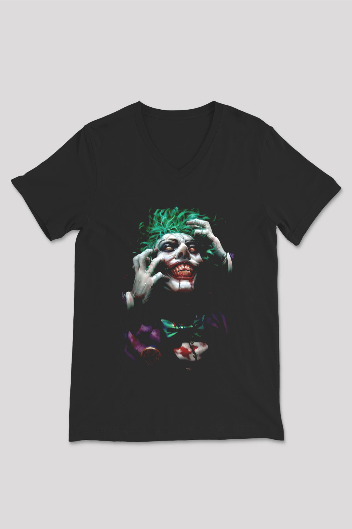 Joker Baskılı Unisex Siyah  V Yaka Tişört
